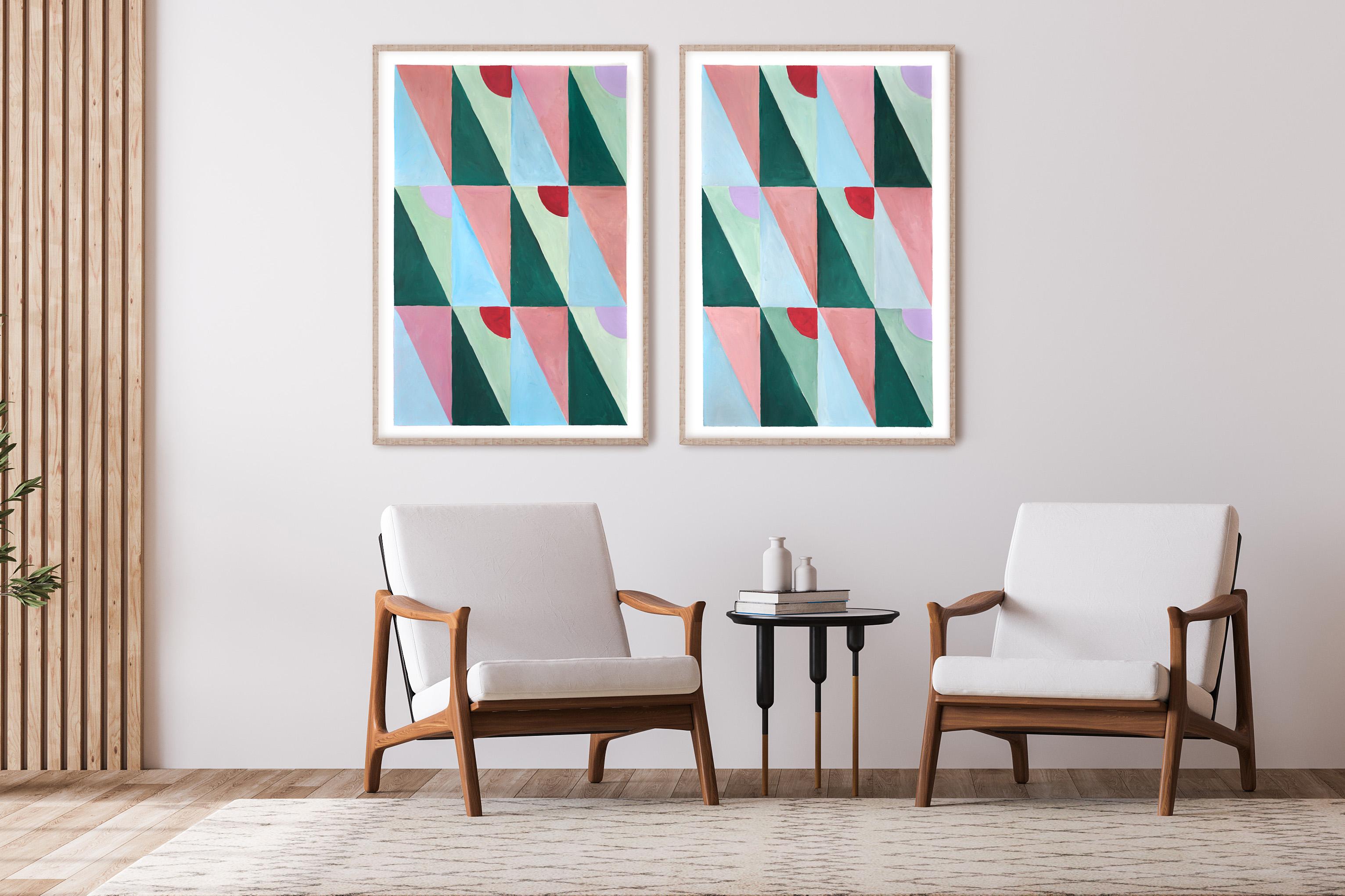 Pastel Tiles Combo Grid, Triangle Tiles Pattern Diptych, Pink and Green Bauhaus  - Painting by Natalia Roman