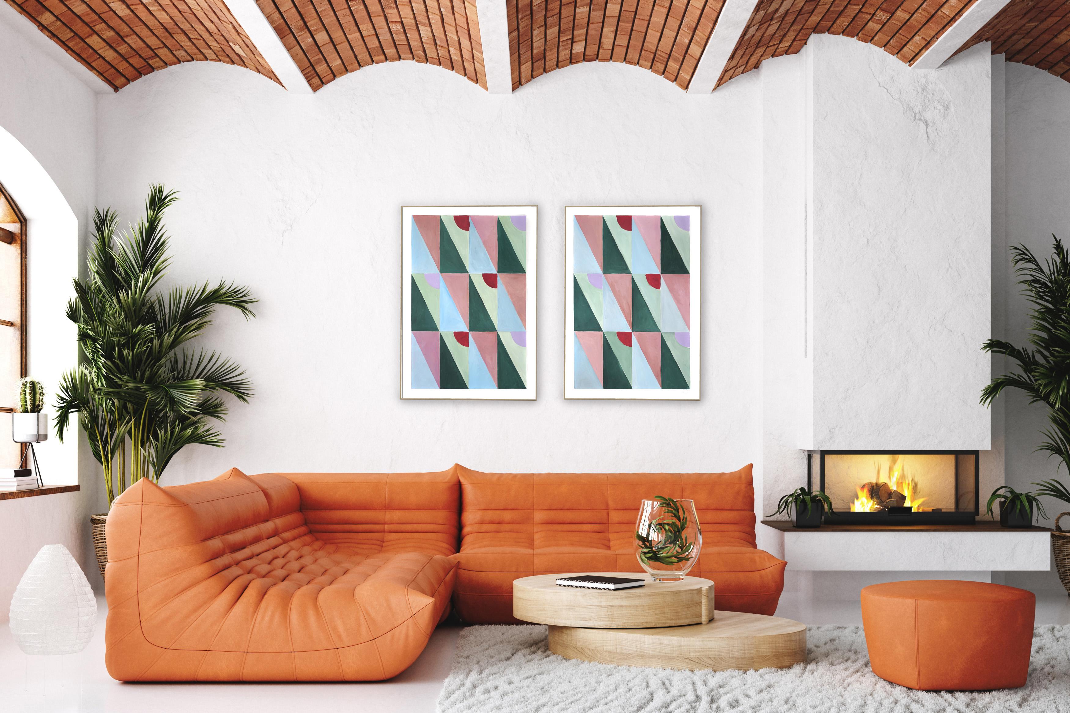 Pastel Tiles Combo Grid, Triangle Tiles Pattern Diptych, Pink and Green Bauhaus  - Art Deco Painting by Natalia Roman