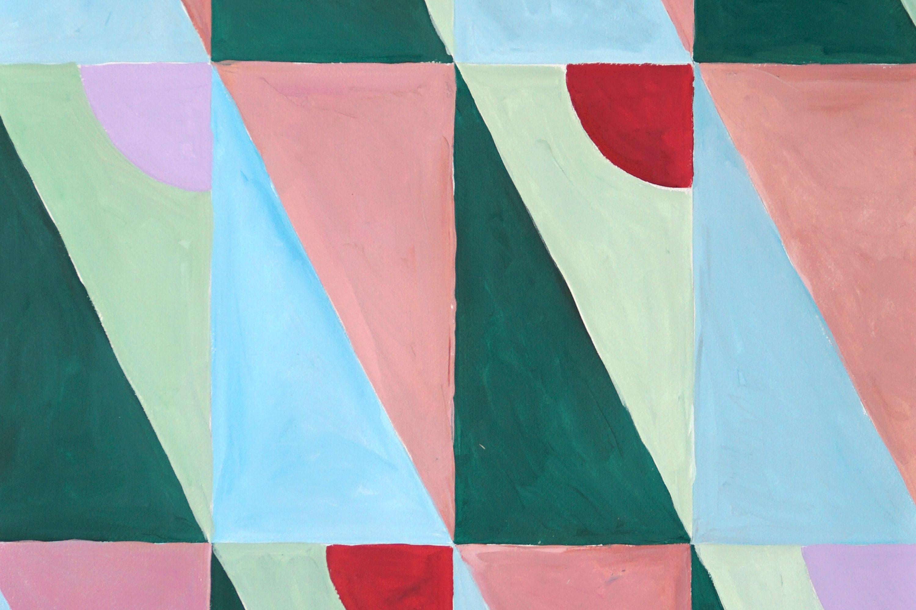 Pastel Tiles Combo Grid, Triangle Tiles Pattern Diptych, Pink and Green Bauhaus  - Gray Landscape Painting by Natalia Roman