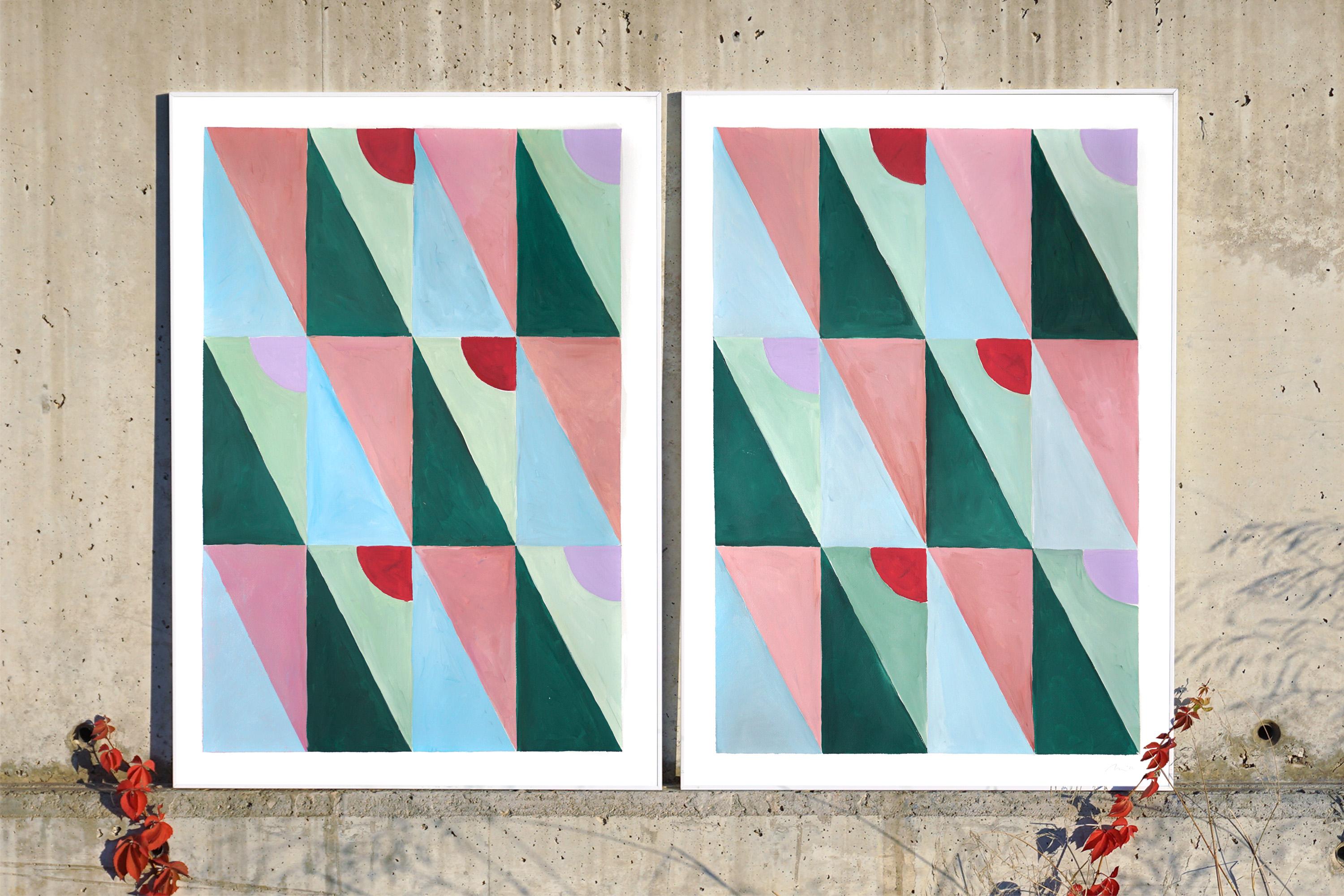 Pastel Tiles Combo Grid, Triangle Tiles Pattern Diptych, Pink and Green Bauhaus  For Sale 1