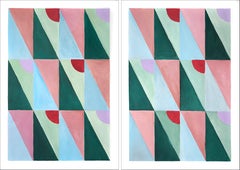 Pastel Tiles Combo Grid, Triangle Tiles Pattern Diptych, Pink and Green Bauhaus 