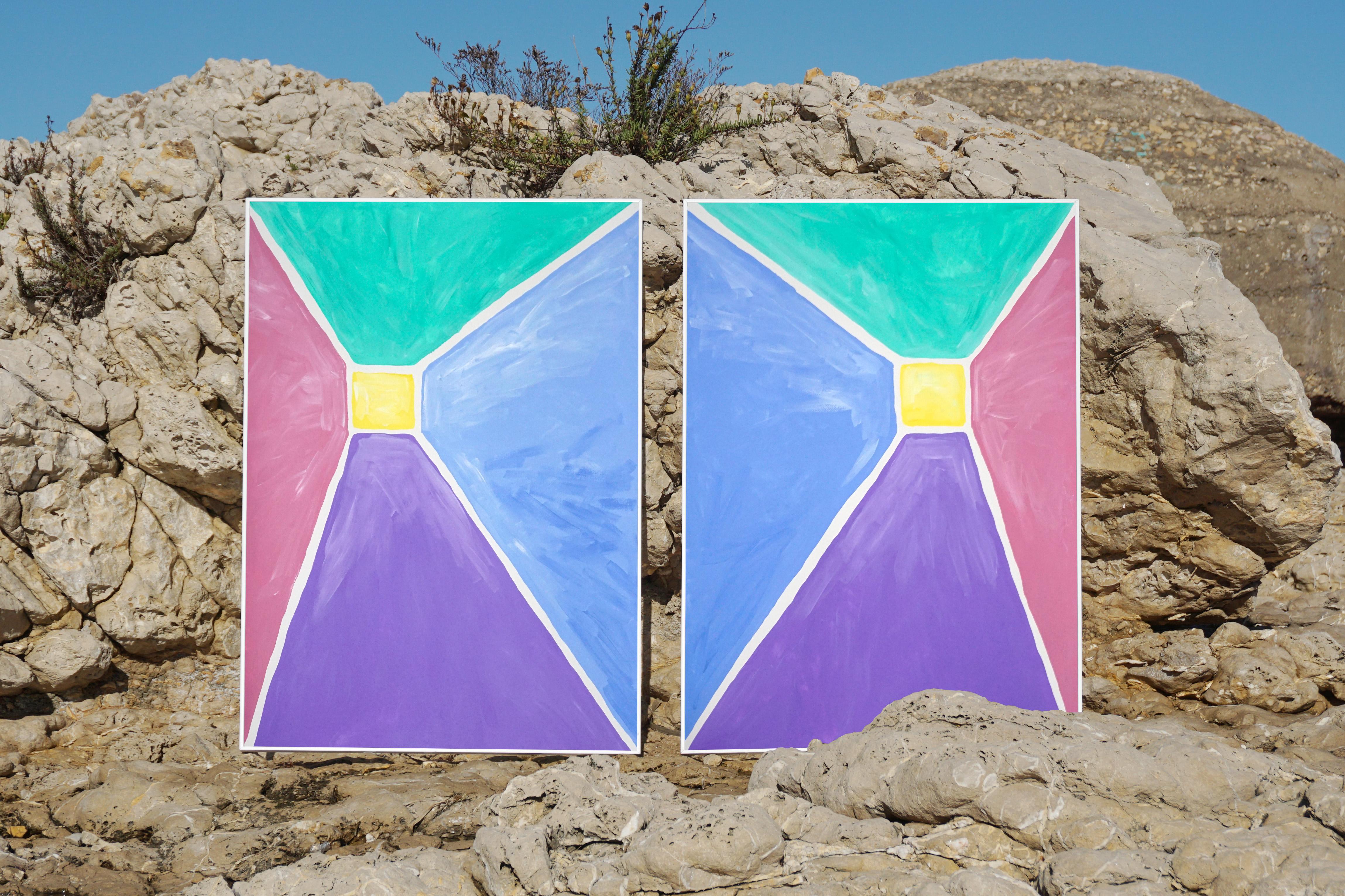 Primary Pastel Tones Pyramid Duo, Magenta, Purple, Green, Geometric Squares   - Painting by Natalia Roman