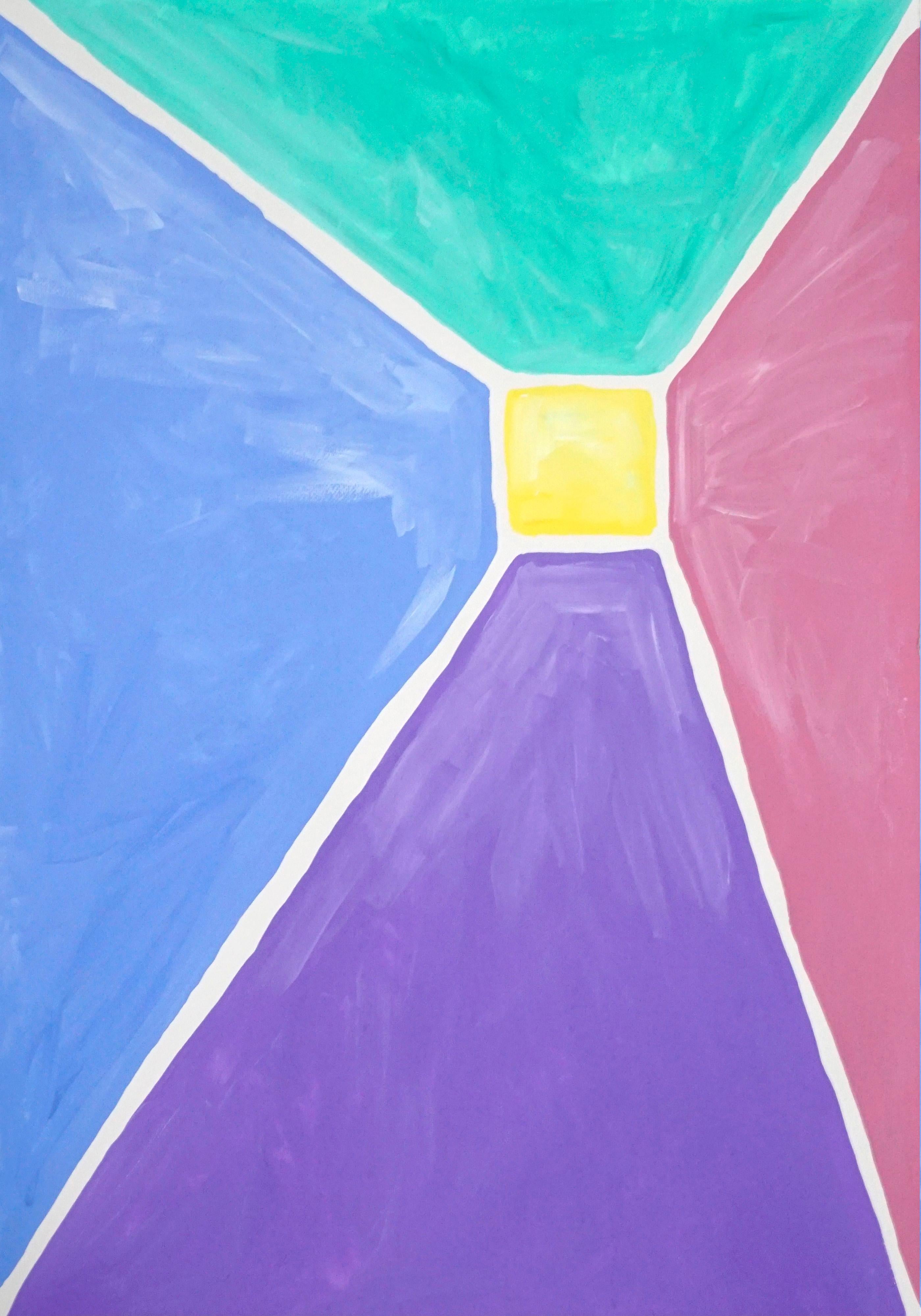 Diptyque pyramidal aux tons pastel, peinture acrylique sur papier, géométrique abstraite  - Violet Still-Life Painting par Natalia Roman