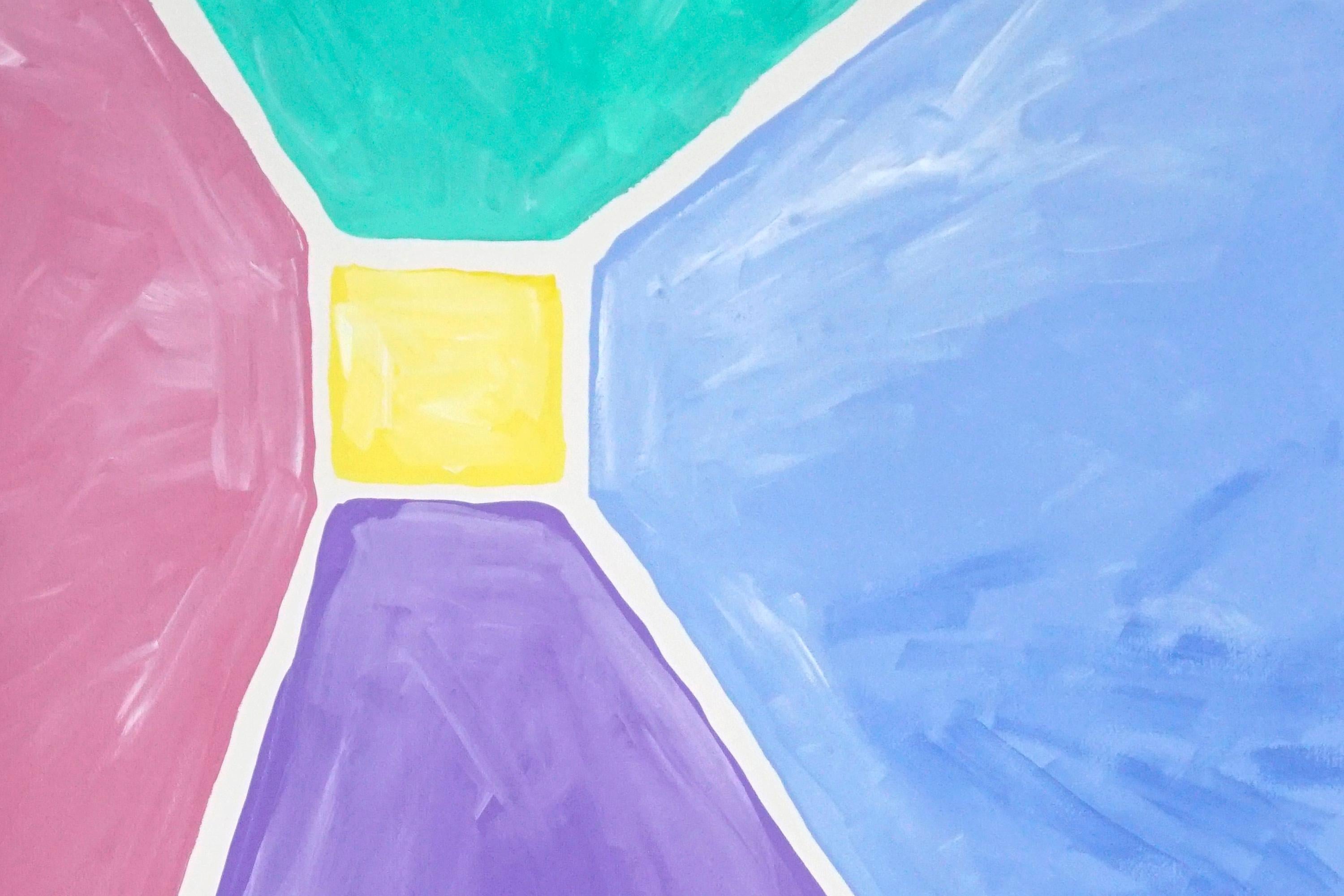 Primary Pastel Tones Pyramid Duo, Magenta, Purple, Green, Geometric Squares   - Op Art Painting by Natalia Roman