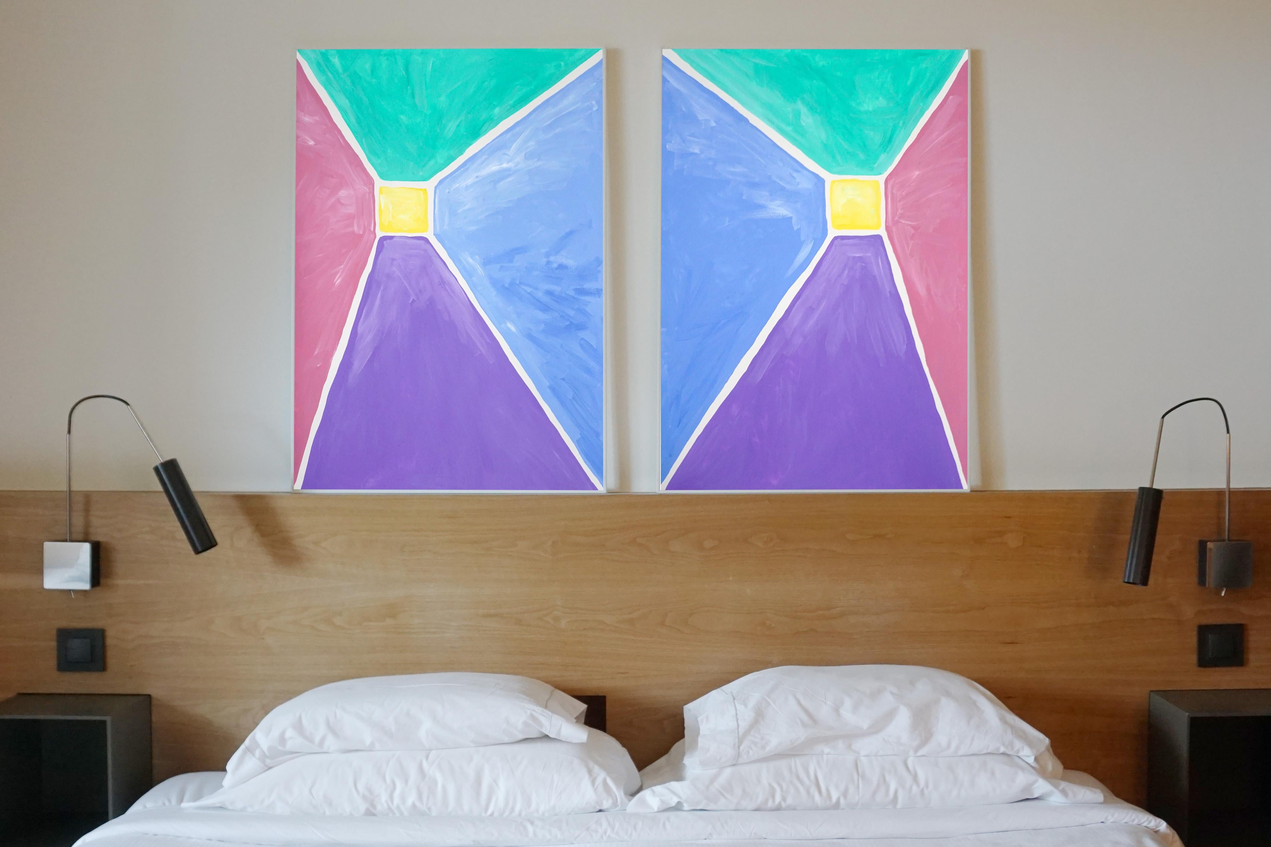 Primary Pastel Tones Pyramid Duo, Magenta, Purple, Green, Geometric Squares   For Sale 1