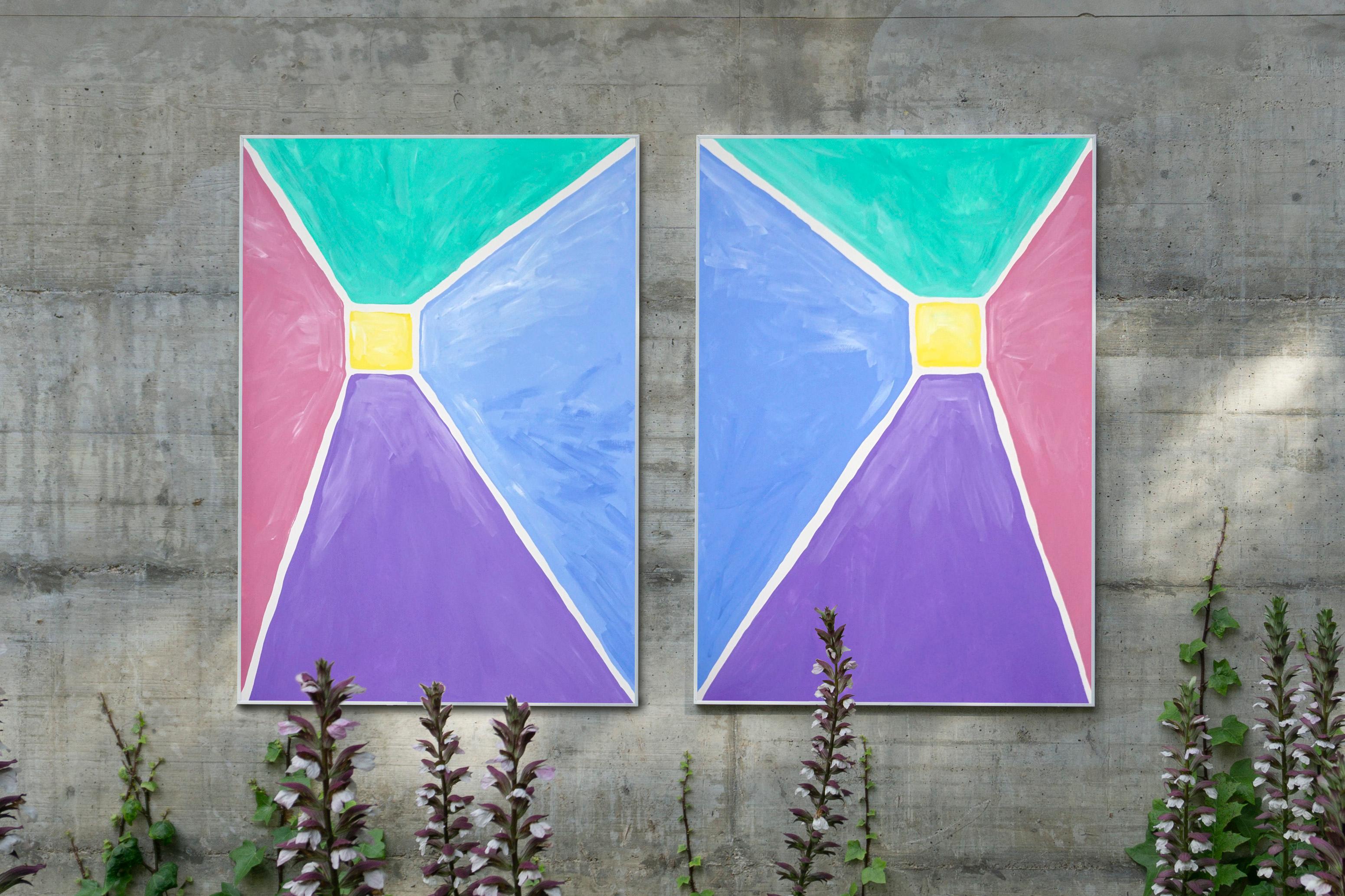 Primary Pastel Tones Pyramid Duo, Magenta, Purple, Green, Geometric Squares   For Sale 2