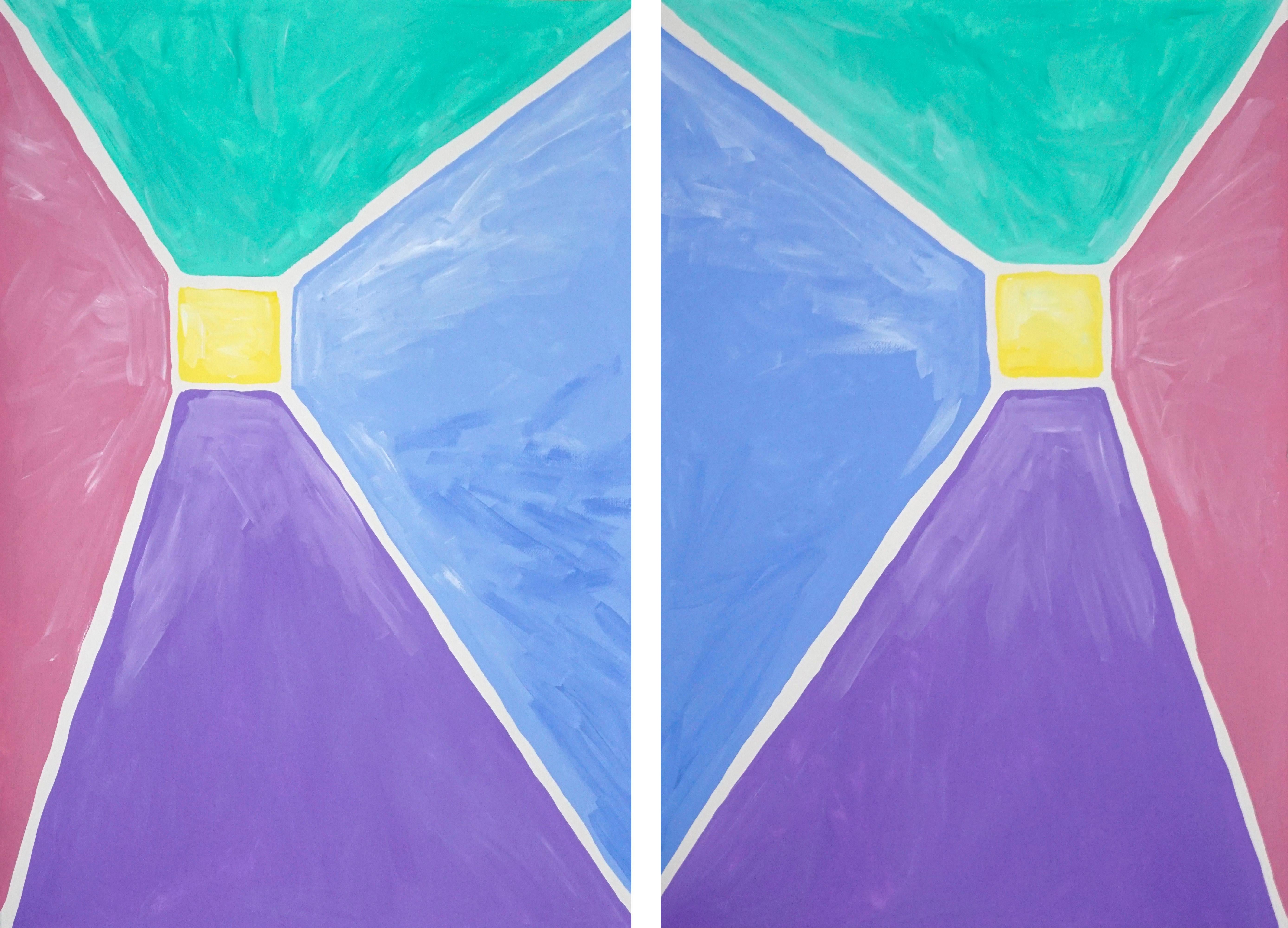 Natalia Roman Still-Life Painting - Primary Pastel Tones Pyramid Duo, Magenta, Purple, Green, Geometric Squares  