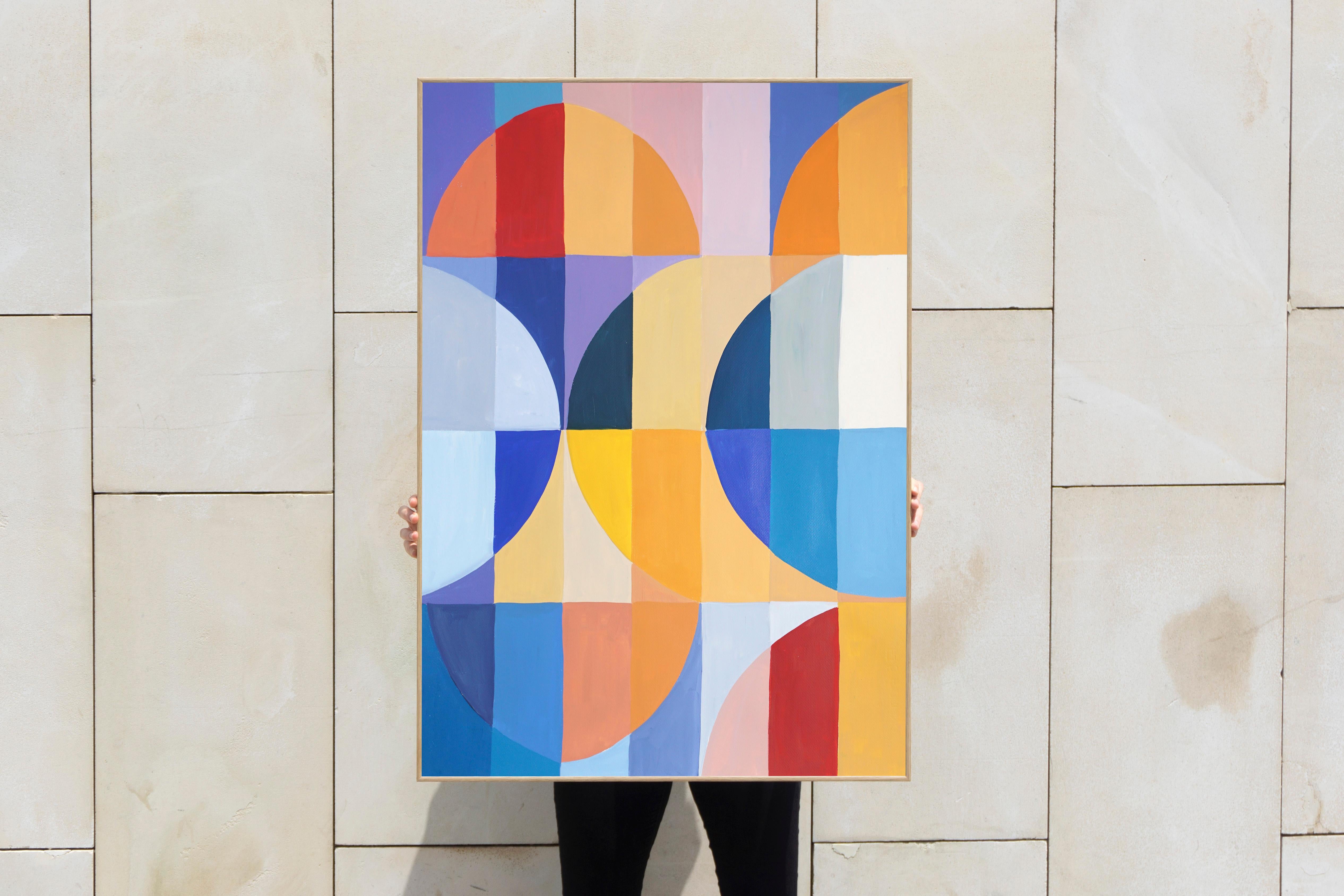 Fases de la Luna, Pintura abstracta geométrica en cuadrícula de tonos primarios, Papel - Painting de Natalia Roman