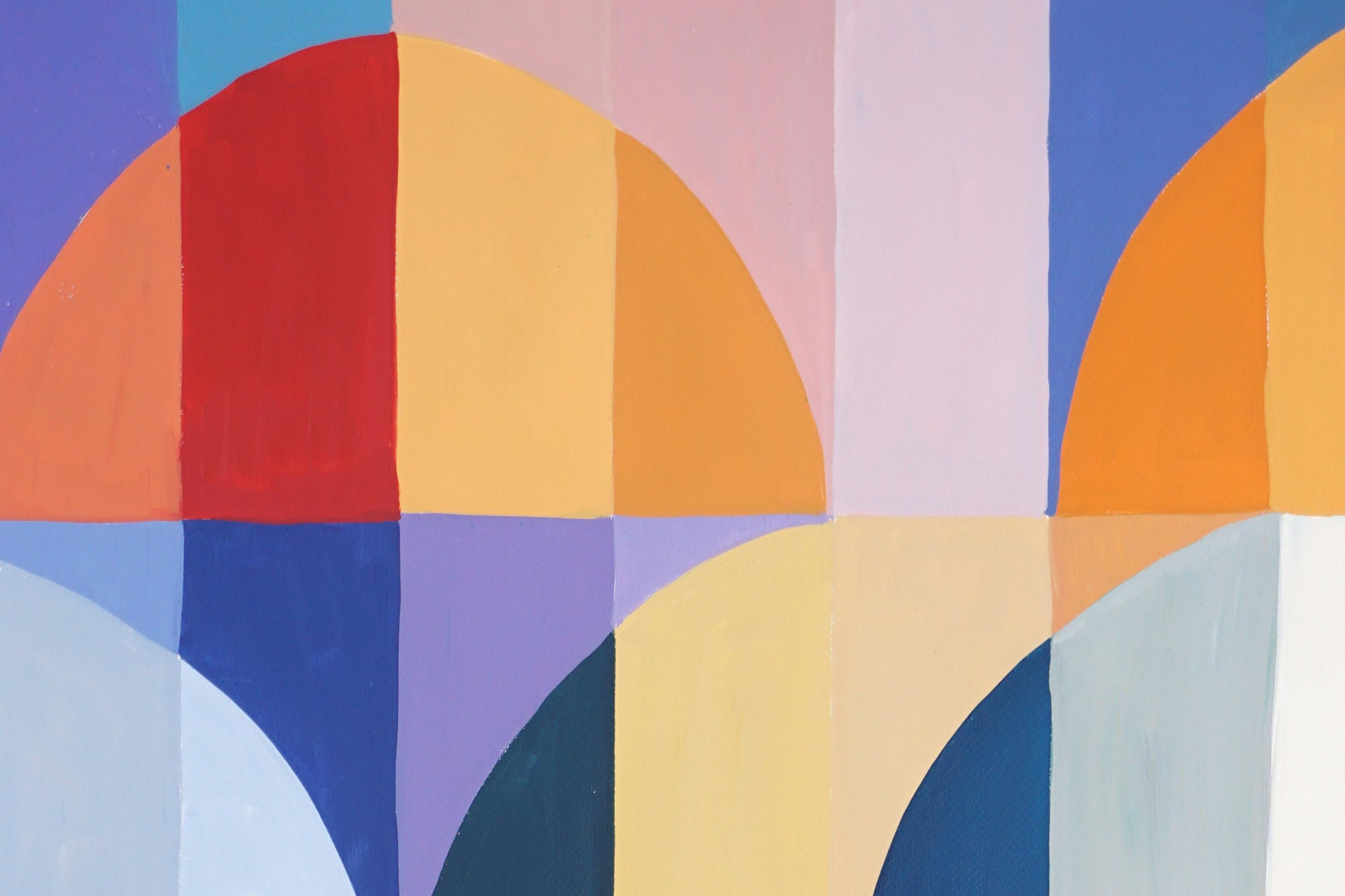 Fases de la Luna, Pintura abstracta geométrica en cuadrícula de tonos primarios, Papel - Painting Cubista de Natalia Roman