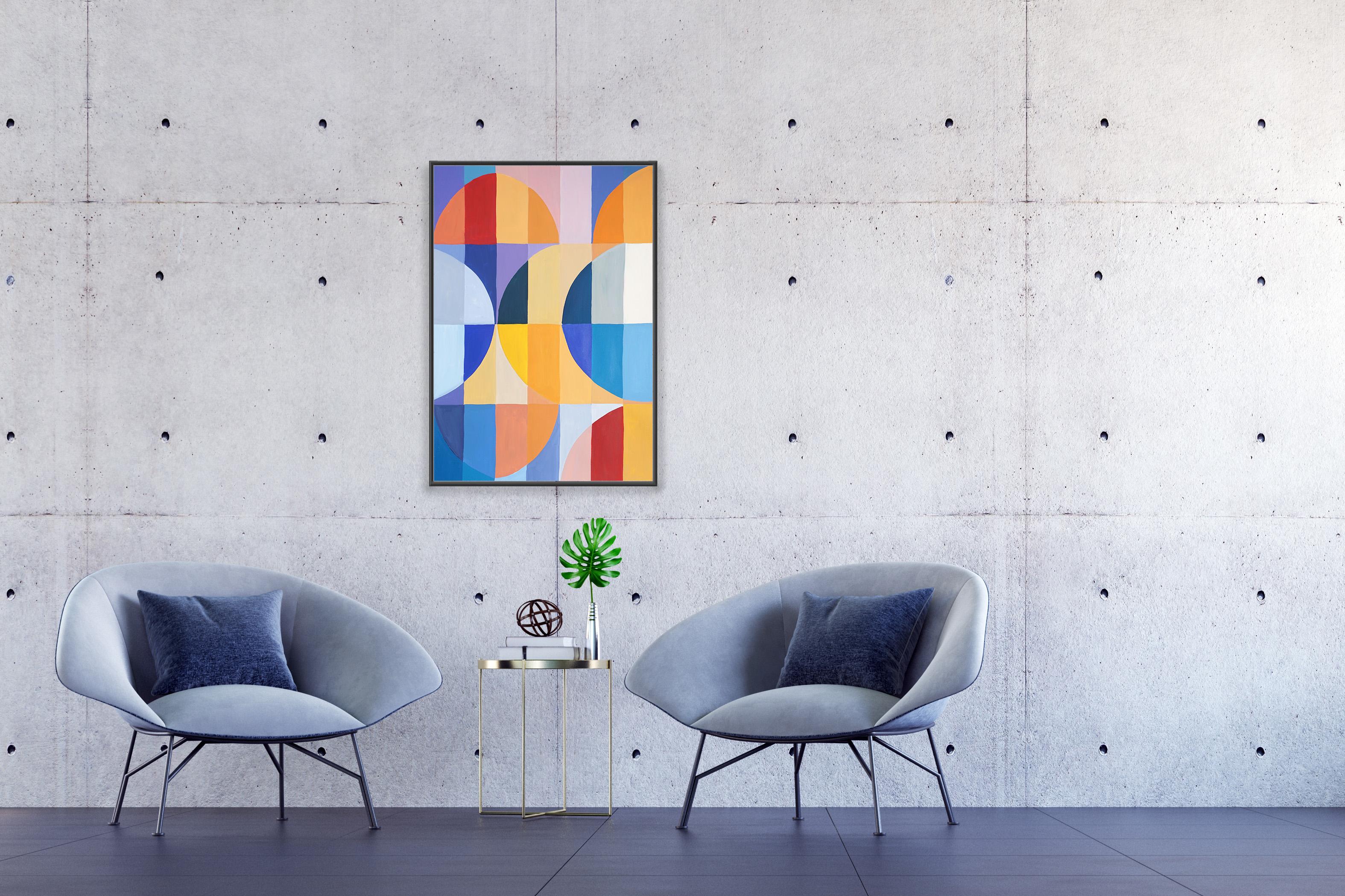 Esta serie de pinturas geométricas abstractas de Natalia Roman se inspira en las elegantes cuadrículas y curvas de la arquitectura Bauhaus, al tiempo que explora variaciones de colores brillantes y pastel. Los arcos y curvas, meticulosamente