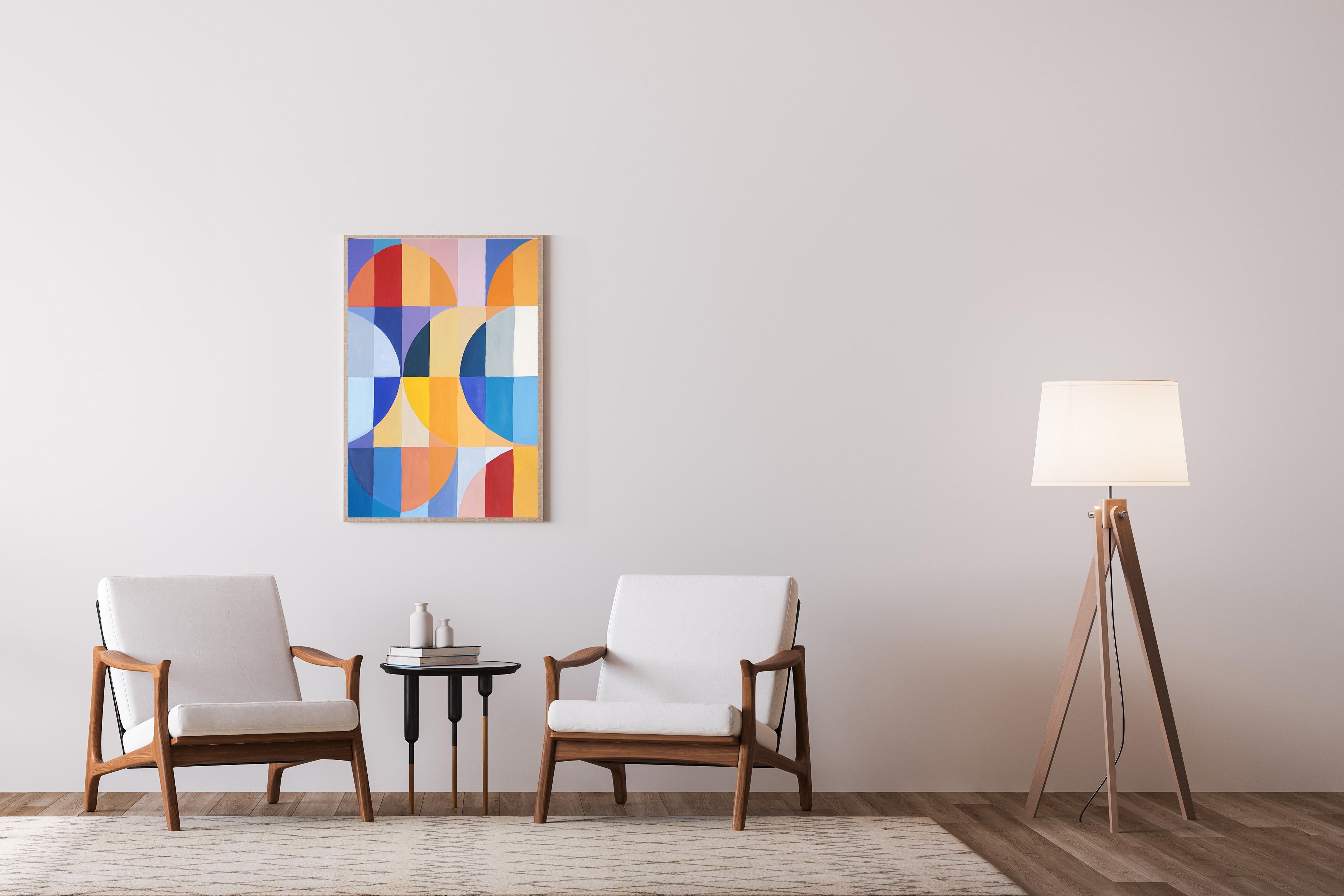 Fases de la Luna, Pintura abstracta geométrica en cuadrícula de tonos primarios, Papel 1