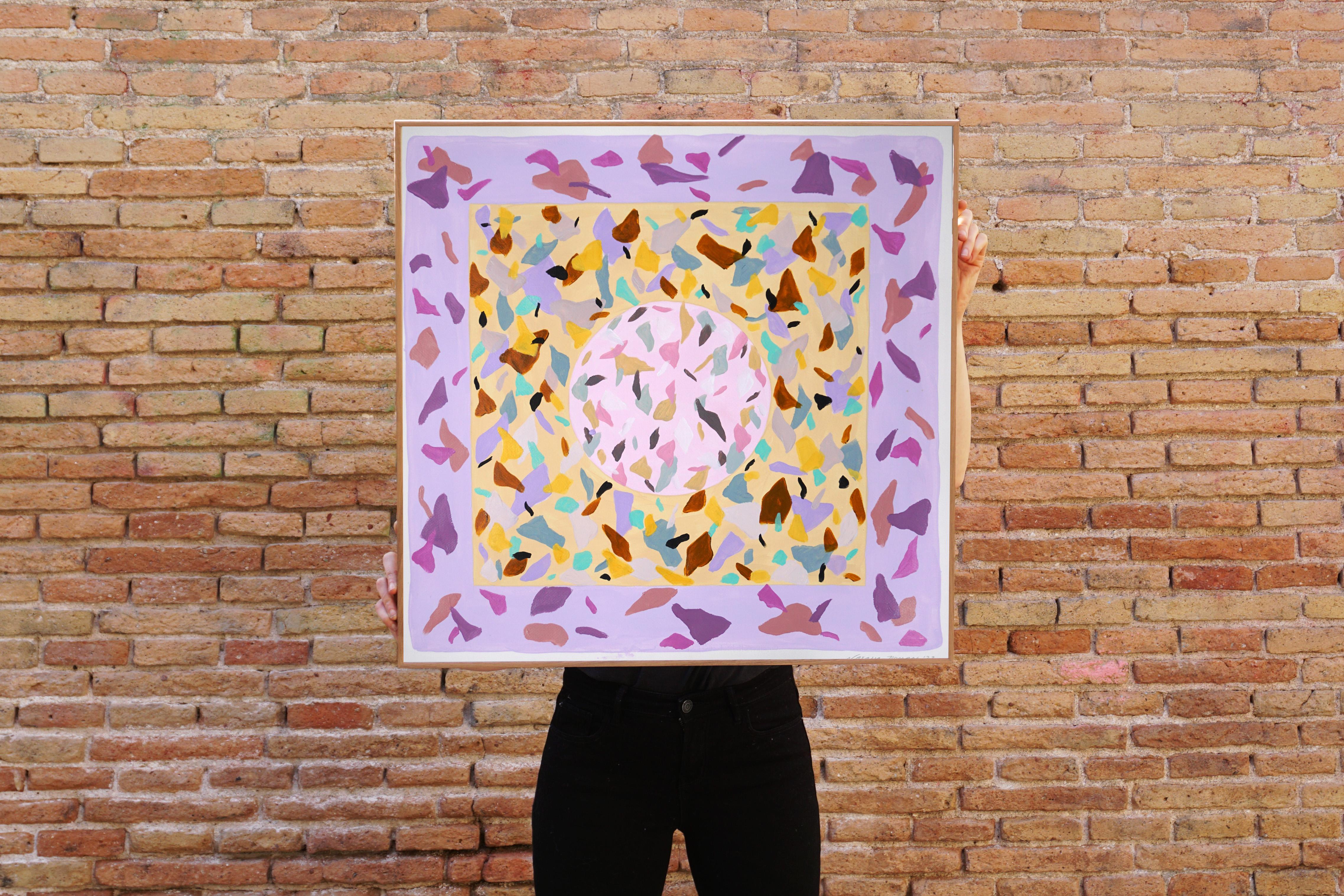 Rosa Architektur, Pastellfarbene Geometrische Komposition, Quadratisches Gemälde auf Papier – Painting von Natalia Roman