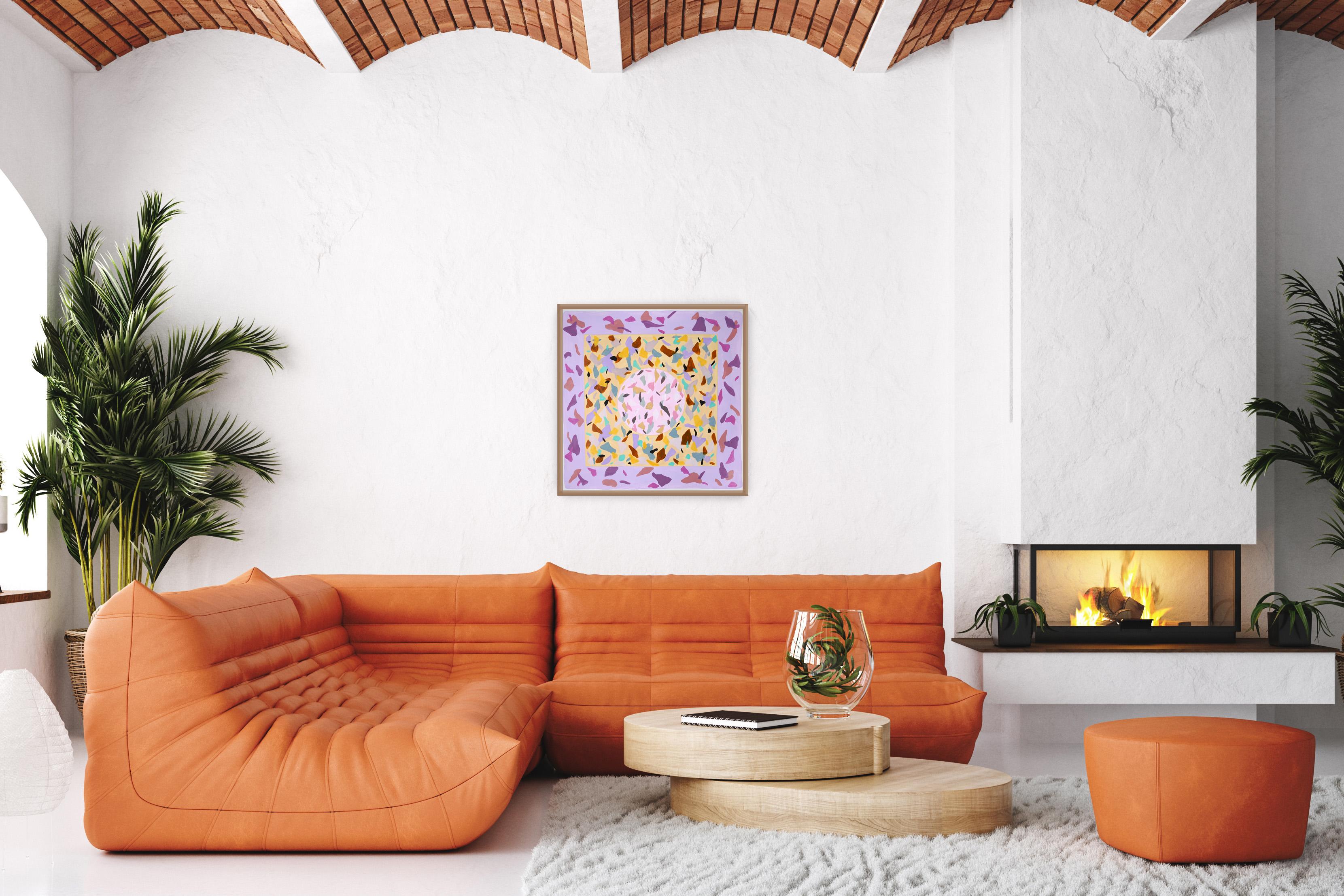 Rosa Architektur, Pastellfarbene Geometrische Komposition, Quadratisches Gemälde auf Papier (Geometrische Abstraktion), Painting, von Natalia Roman