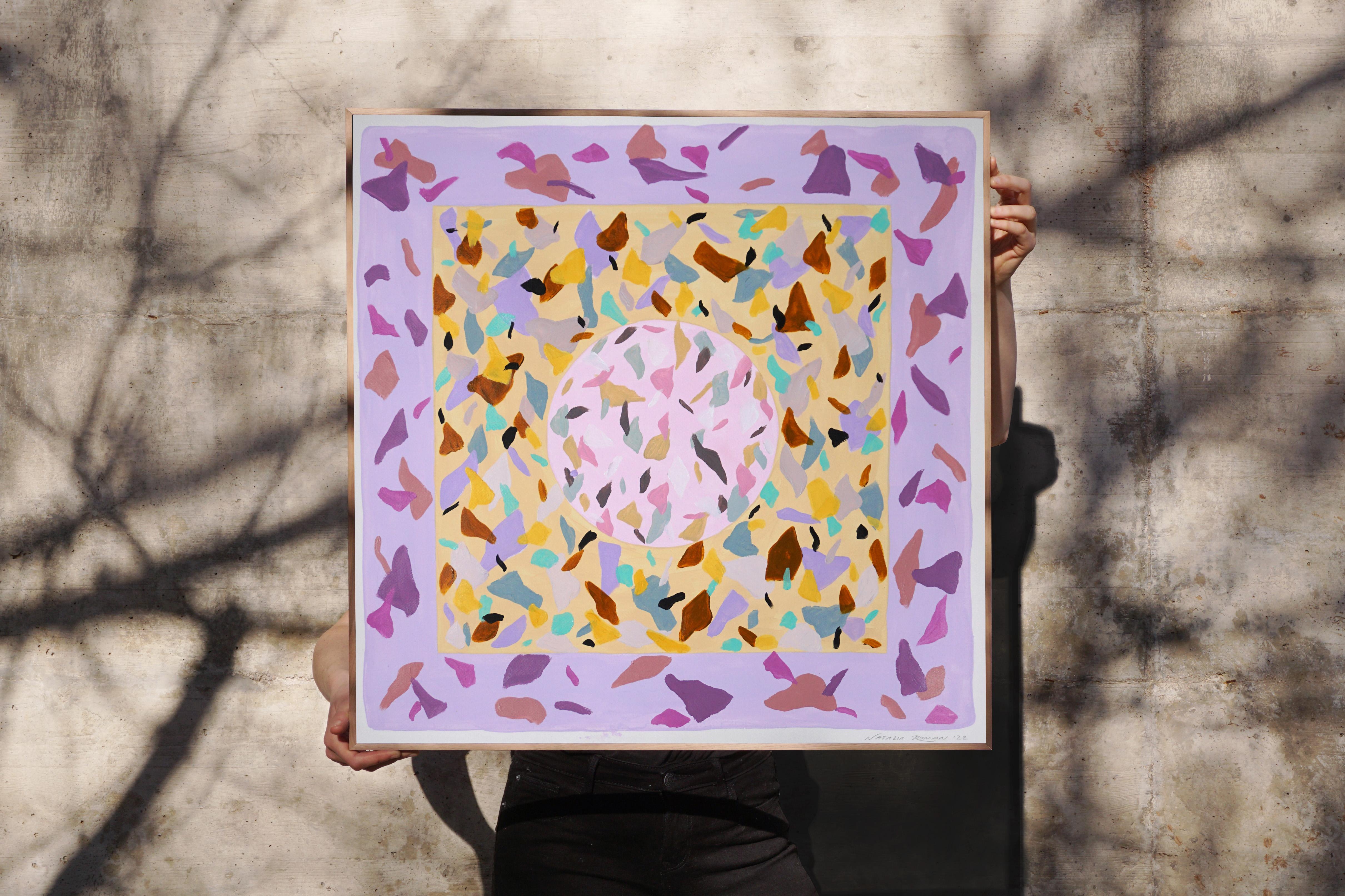 Rosa Architektur, Pastellfarbene Geometrische Komposition, Quadratisches Gemälde auf Papier (Grau), Still-Life Painting, von Natalia Roman