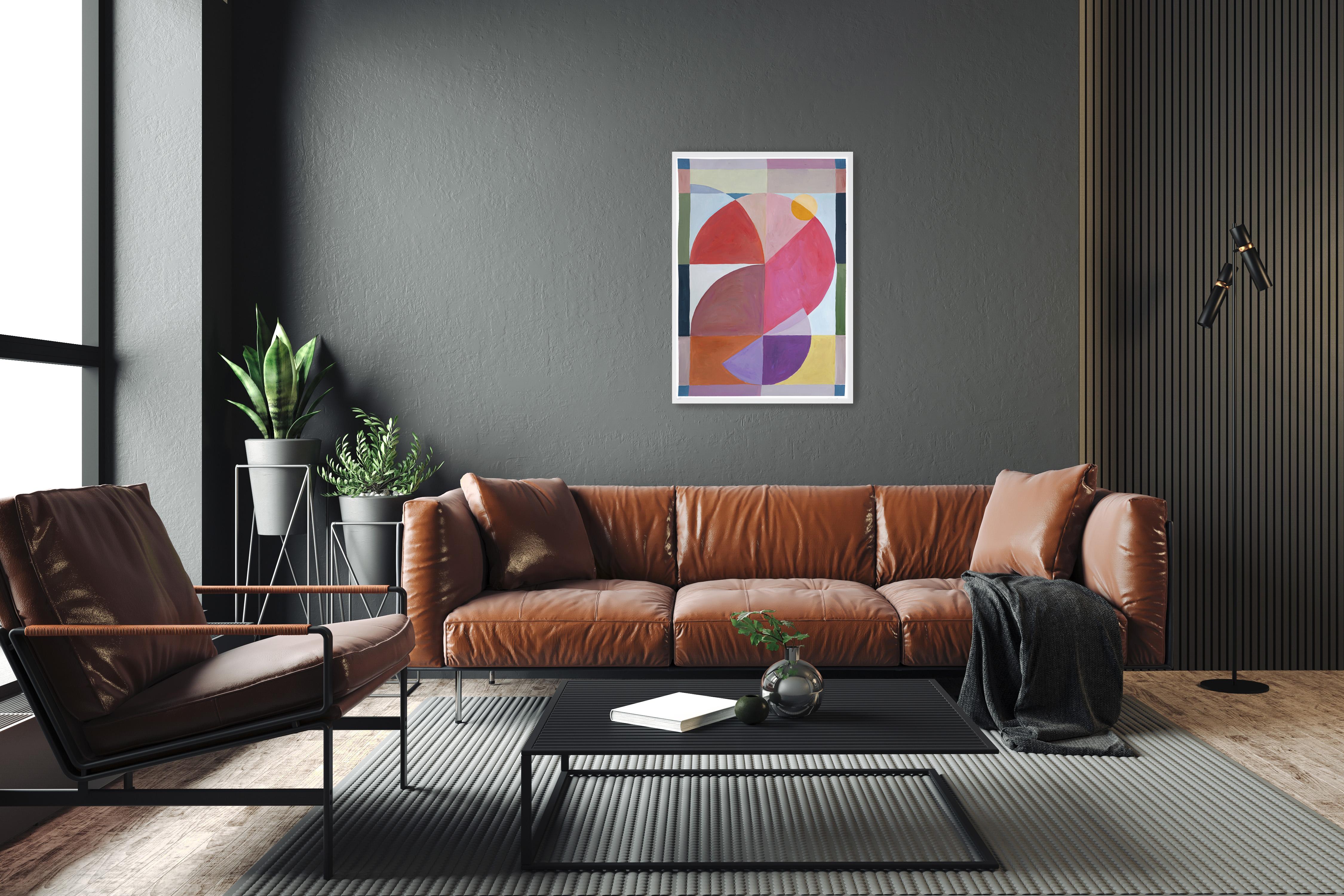 Pink Bird Window View, Abstract Flamingo, Geometric Shapes, Orange Red Vertical - Painting by Natalia Roman