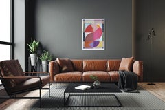 Vue de fenêtre en forme d'oiseau rose, Flamingo abstrait, formes géométriques, rouge orangé vertical