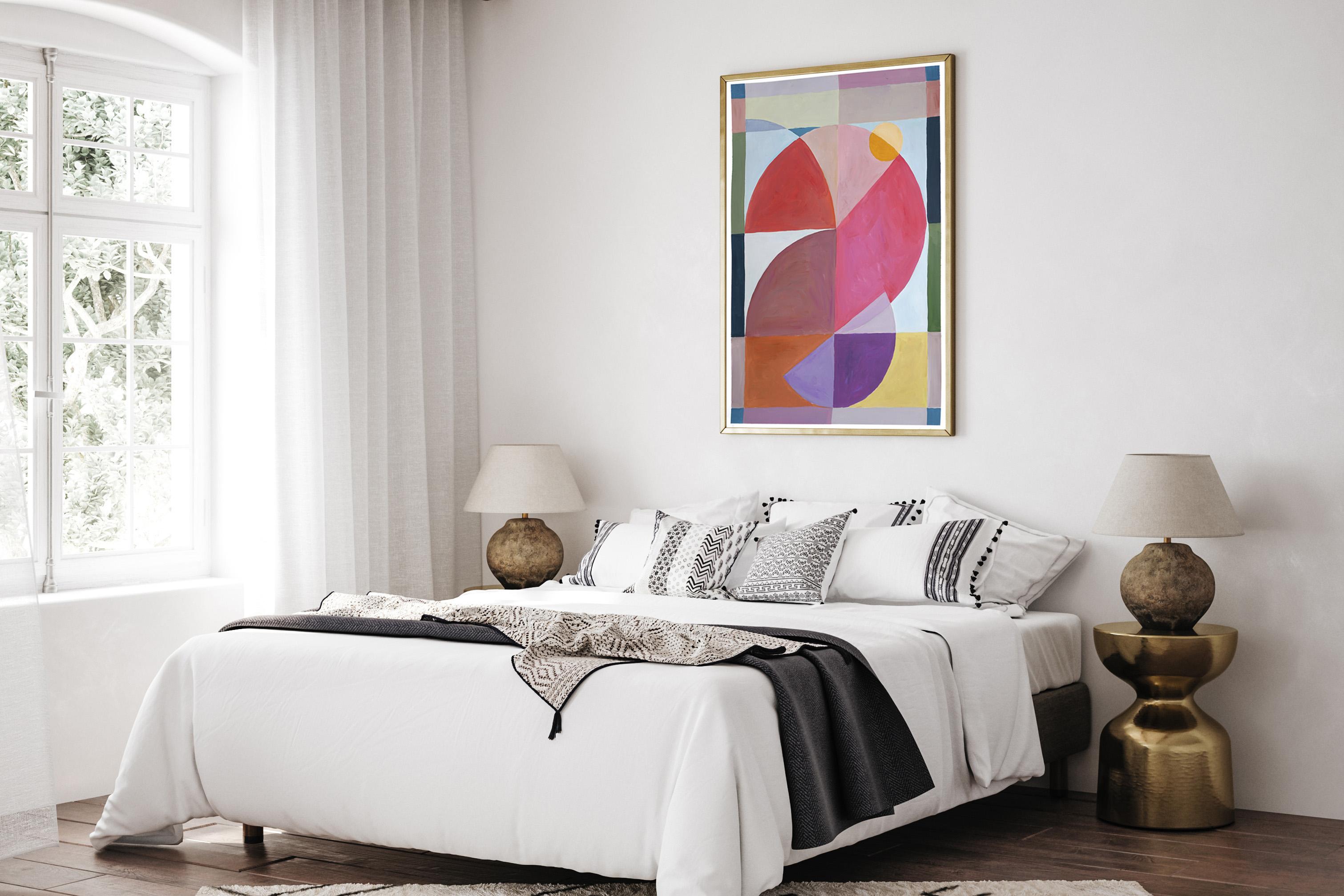 Pink Bird Window View, Abstract Flamingo, Geometric Shapes, Orange Red Vertical - Abstract Geometric Painting by Natalia Roman