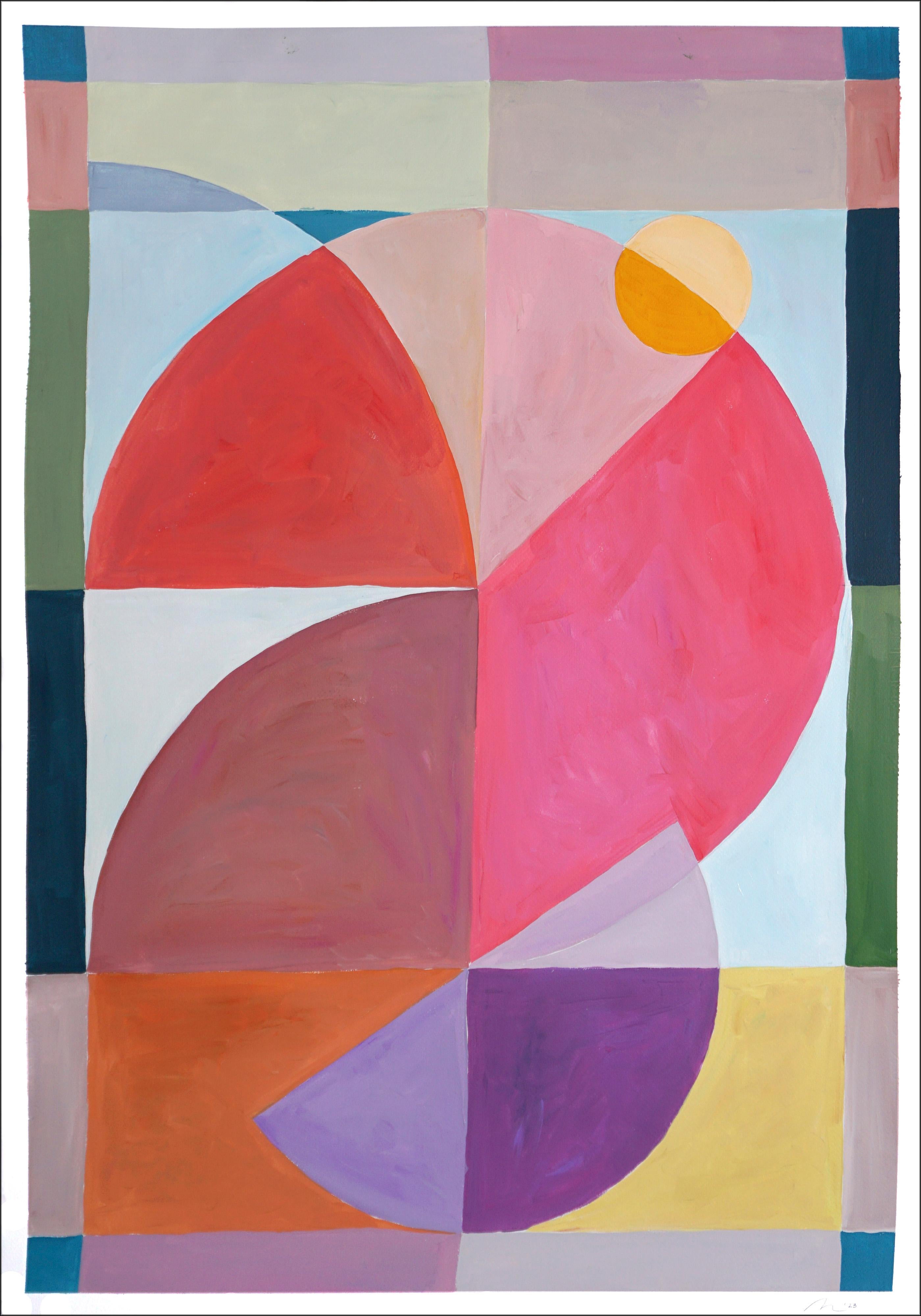 Natalia Roman Animal Painting - Pink Bird Window View, Abstract Flamingo, Geometric Shapes, Orange Red Vertical