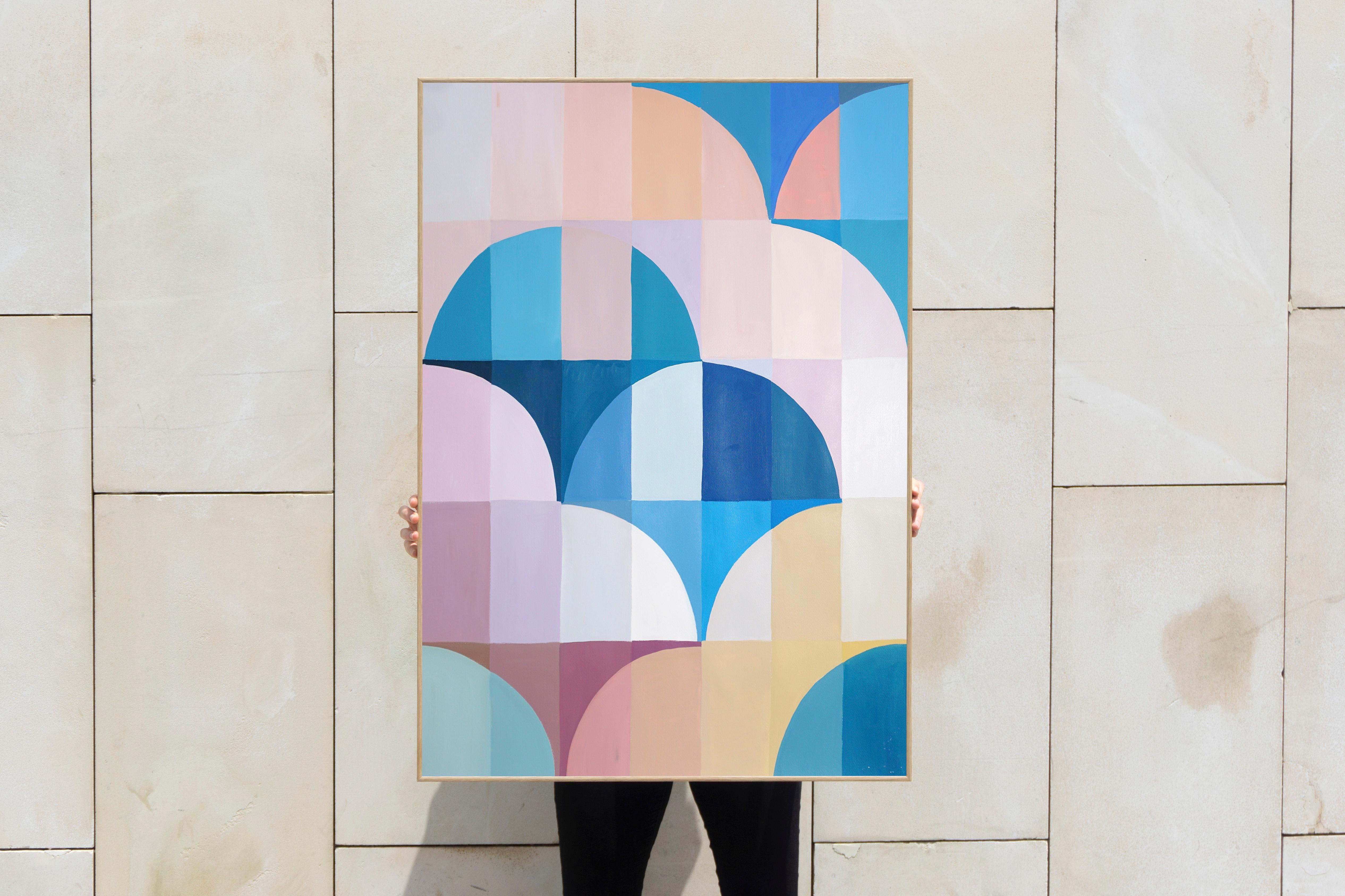 Pink Dawn, Abstract Geometric Landscape, Blue Bauhaus Arches, Pink Curves, Paper - Painting by Natalia Roman