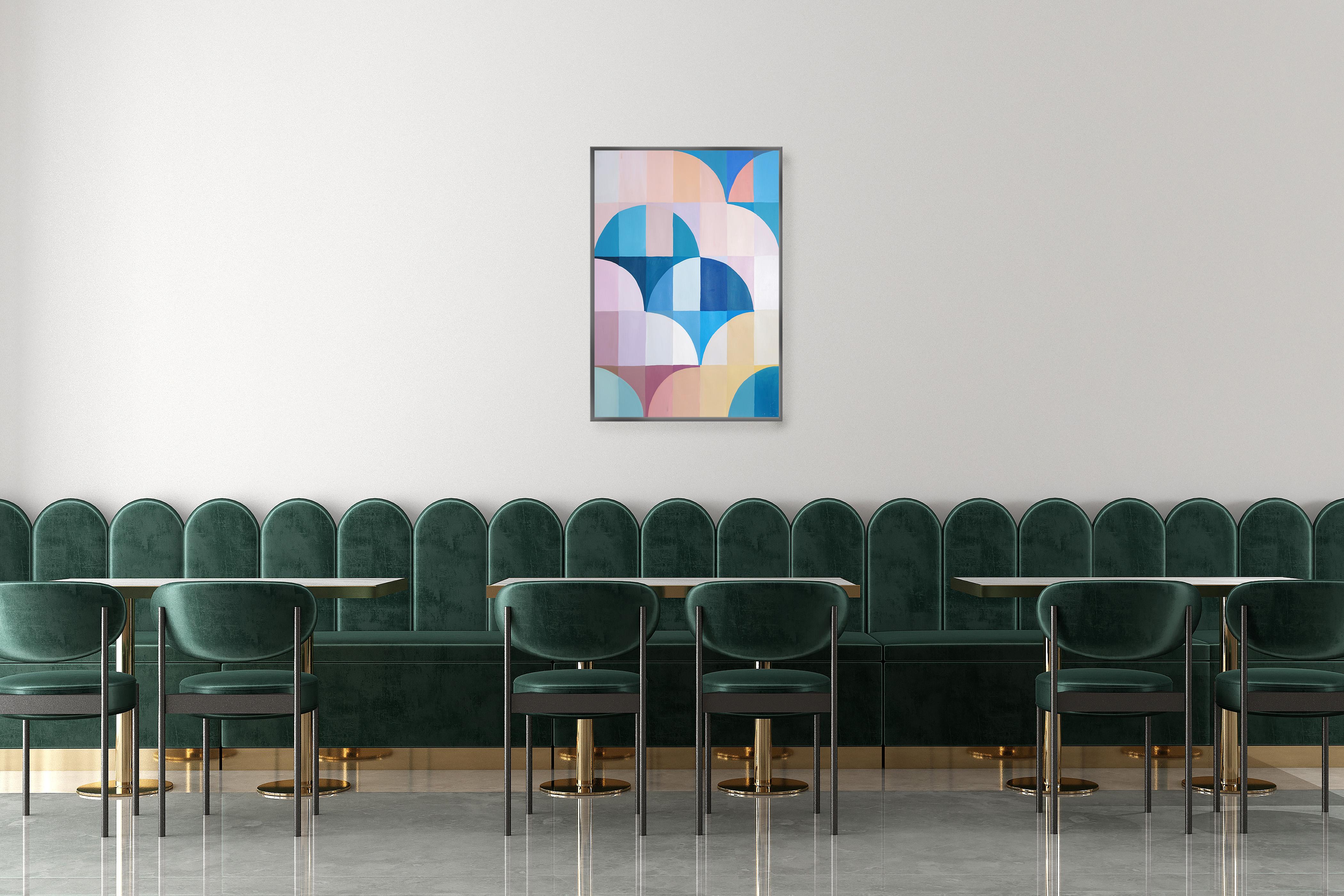 Pink Dawn, Abstract Geometric Landscape, Blue Bauhaus Arches, Pink Curves, Paper - Contemporary Painting by Natalia Roman