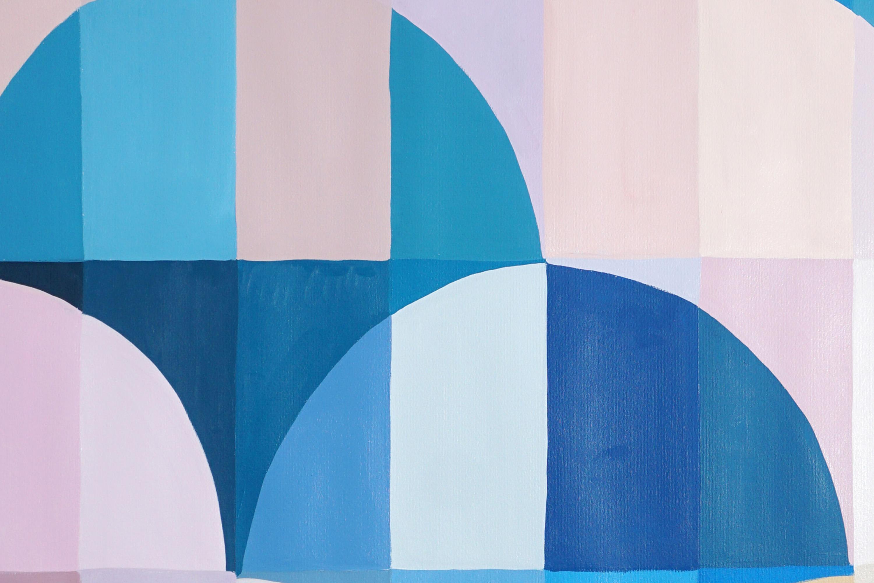 Pink Dawn, Abstract Geometric Landscape, Blue Bauhaus Arches, Pink Curves, Paper - Gray Abstract Painting by Natalia Roman