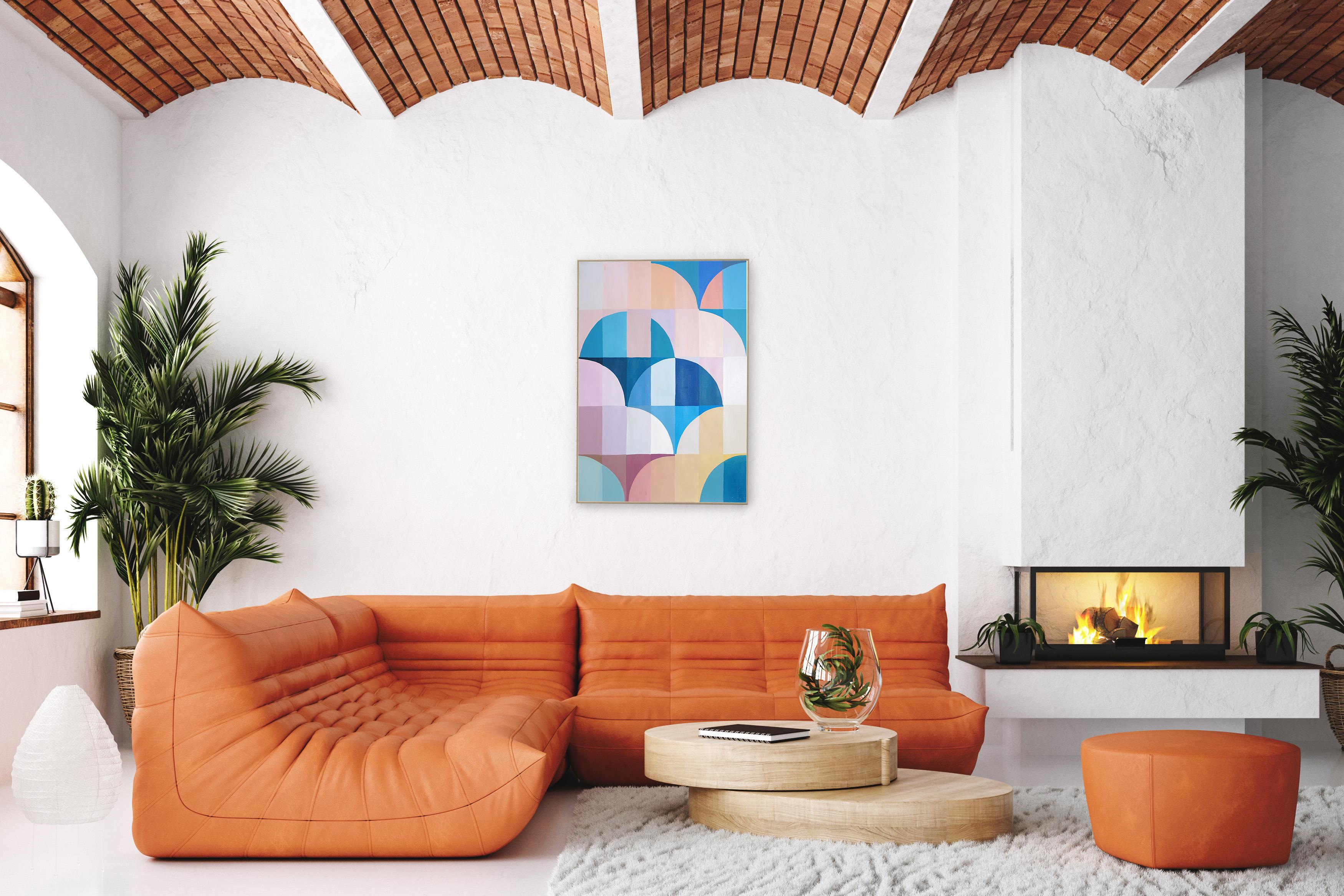 Pink Dawn by Natalia Roman channels the spirit of Bauhaus with a modern sensibility, balancing geometry, symmetry, and refined color interaction. This composition is structured through intersecting arcs and gridded forms, where soft curves meet