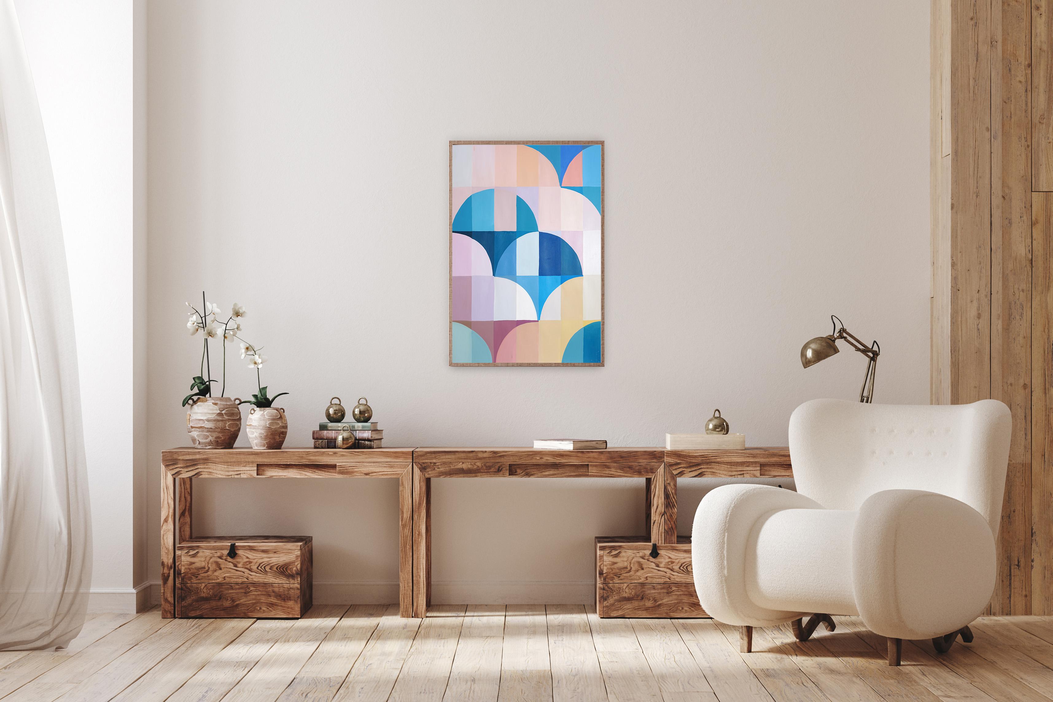 Pink Dawn, Abstract Geometric Landscape, Blue Bauhaus Arches, Pink Curves, Paper For Sale 1