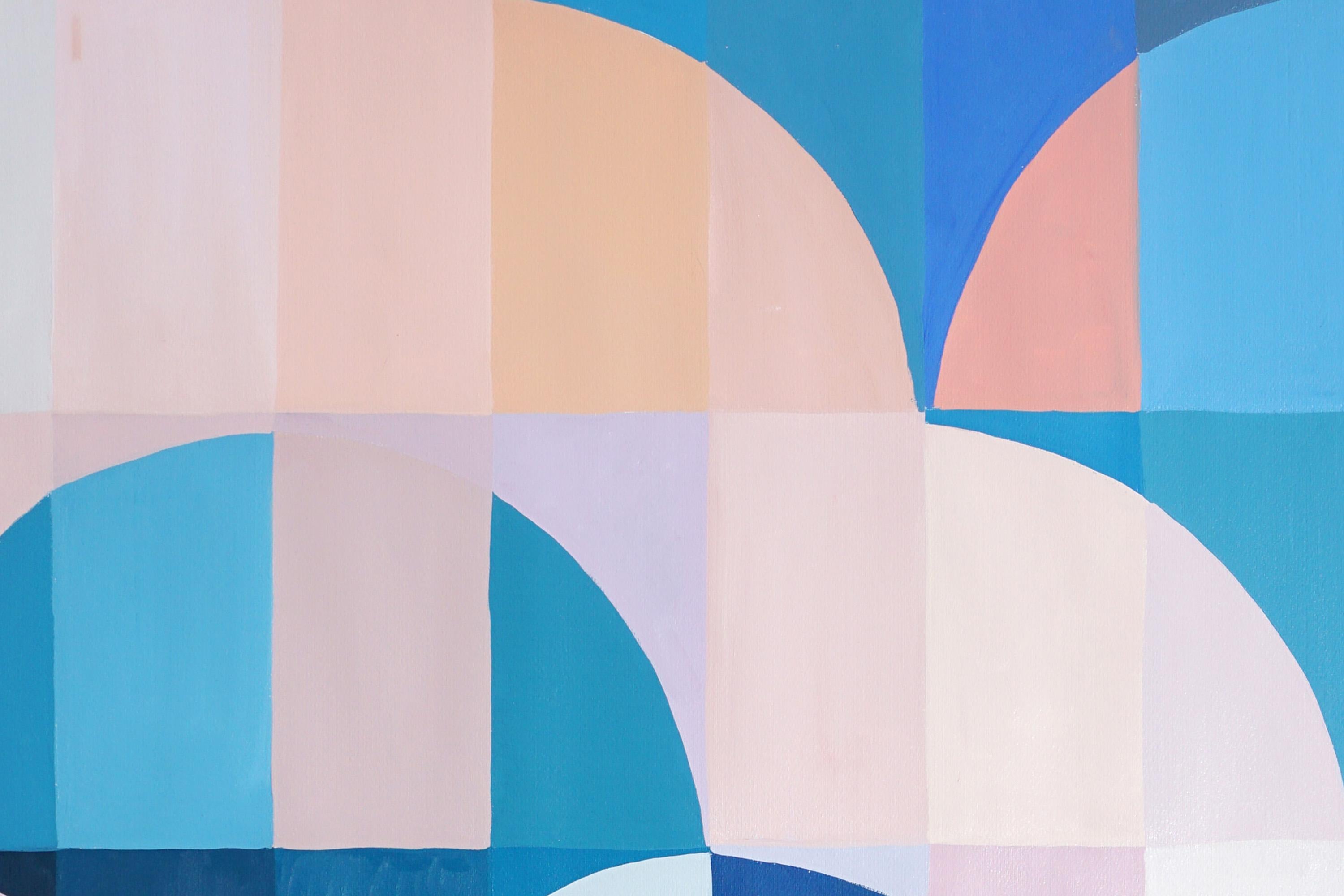 Pink Dawn, Abstract Geometric Landscape, Blue Bauhaus Arches, Pink Curves, Paper For Sale 2