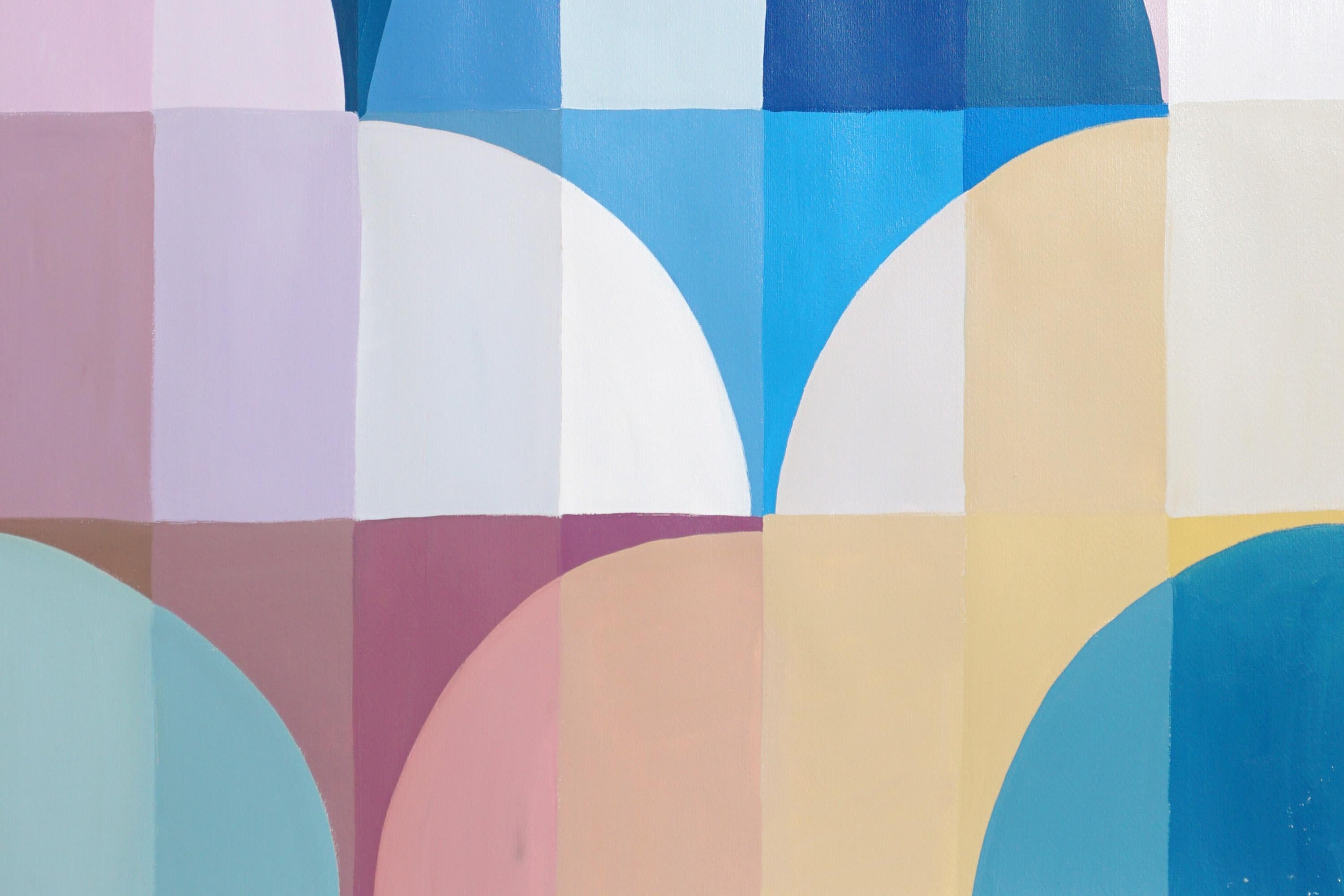 Pink Dawn, Abstract Geometric Landscape, Blue Bauhaus Arches, Pink Curves, Paper For Sale 3