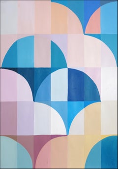 Pink Dawn, Abstract Geometric Landscape, Blue Bauhaus Arches, Pink Curves, Paper