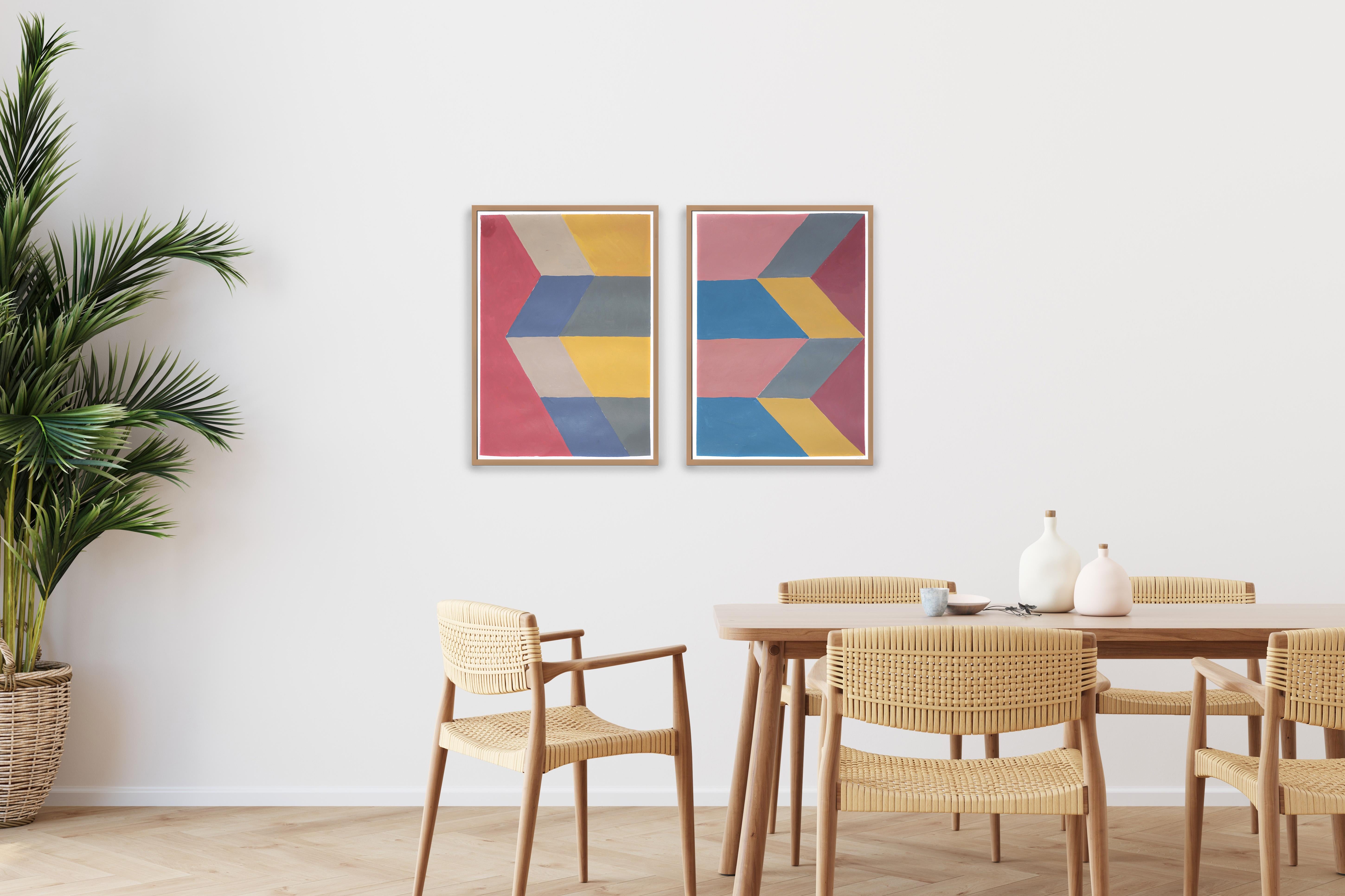 Pink Geometric Altar Diptych, Surreal Landscape, Modern Monument Architecture - Painting by Natalia Roman