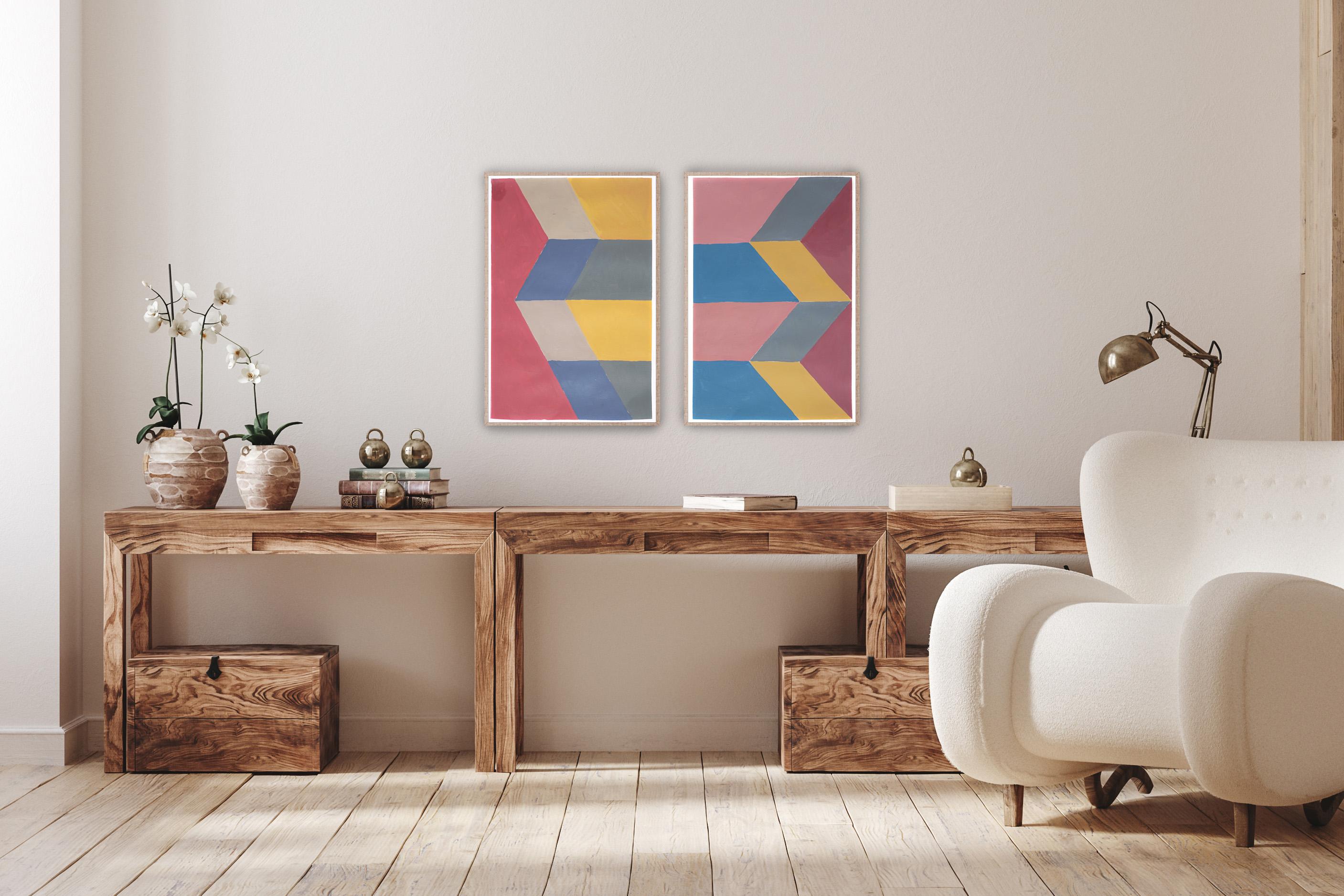 Pink Geometric Altar Diptych, Surreal Landscape, Modern Monument Architecture - Abstract Geometric Painting by Natalia Roman