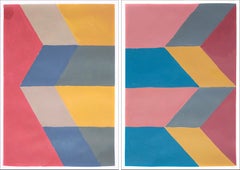 Pink Geometric Altar Diptych, Surreal Landscape, Modern Monument Architecture