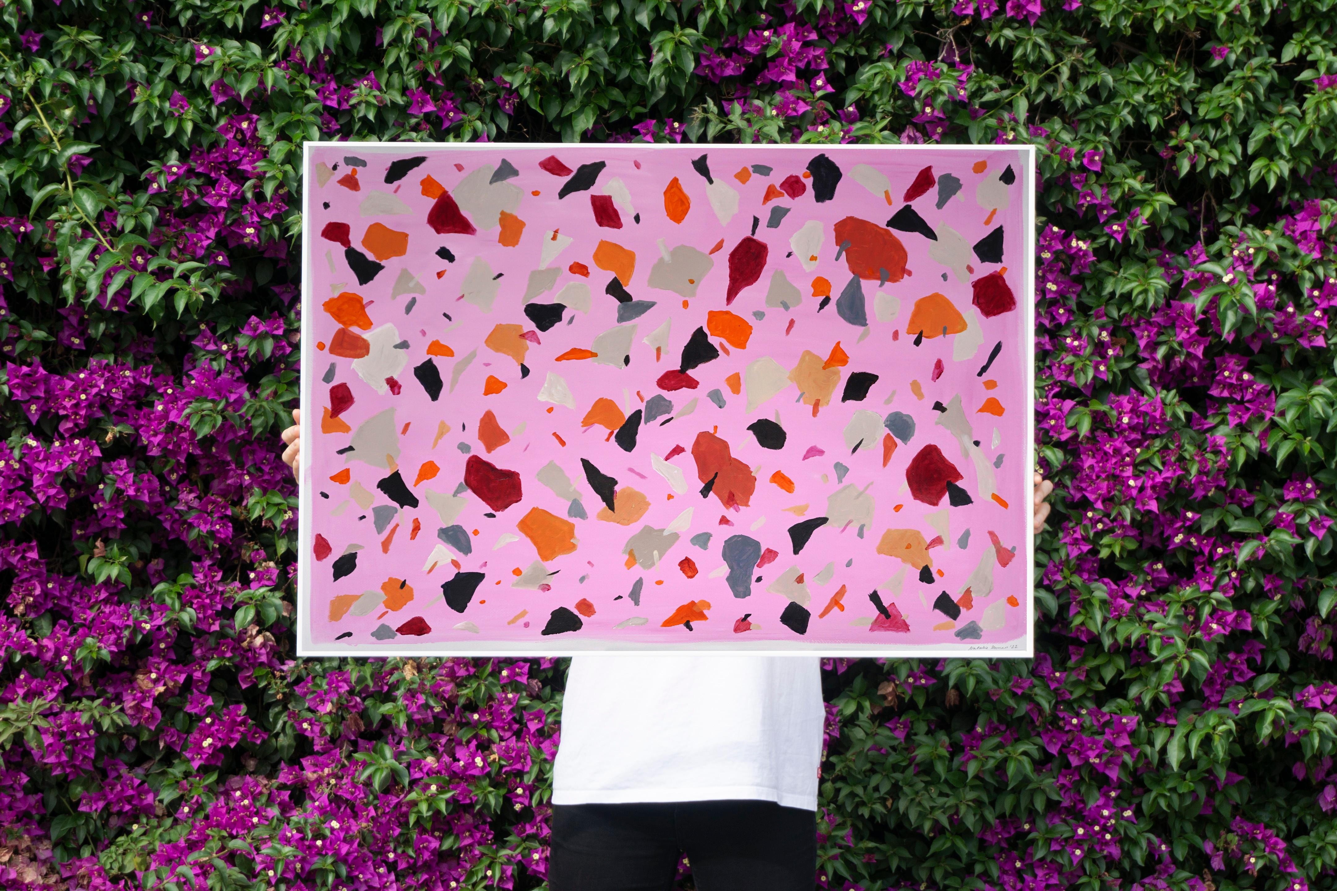 Pink Terrazzo Explosion, Vivid Tones Abstract Floating Shapes, Watercolor Paper - Painting by Natalia Roman
