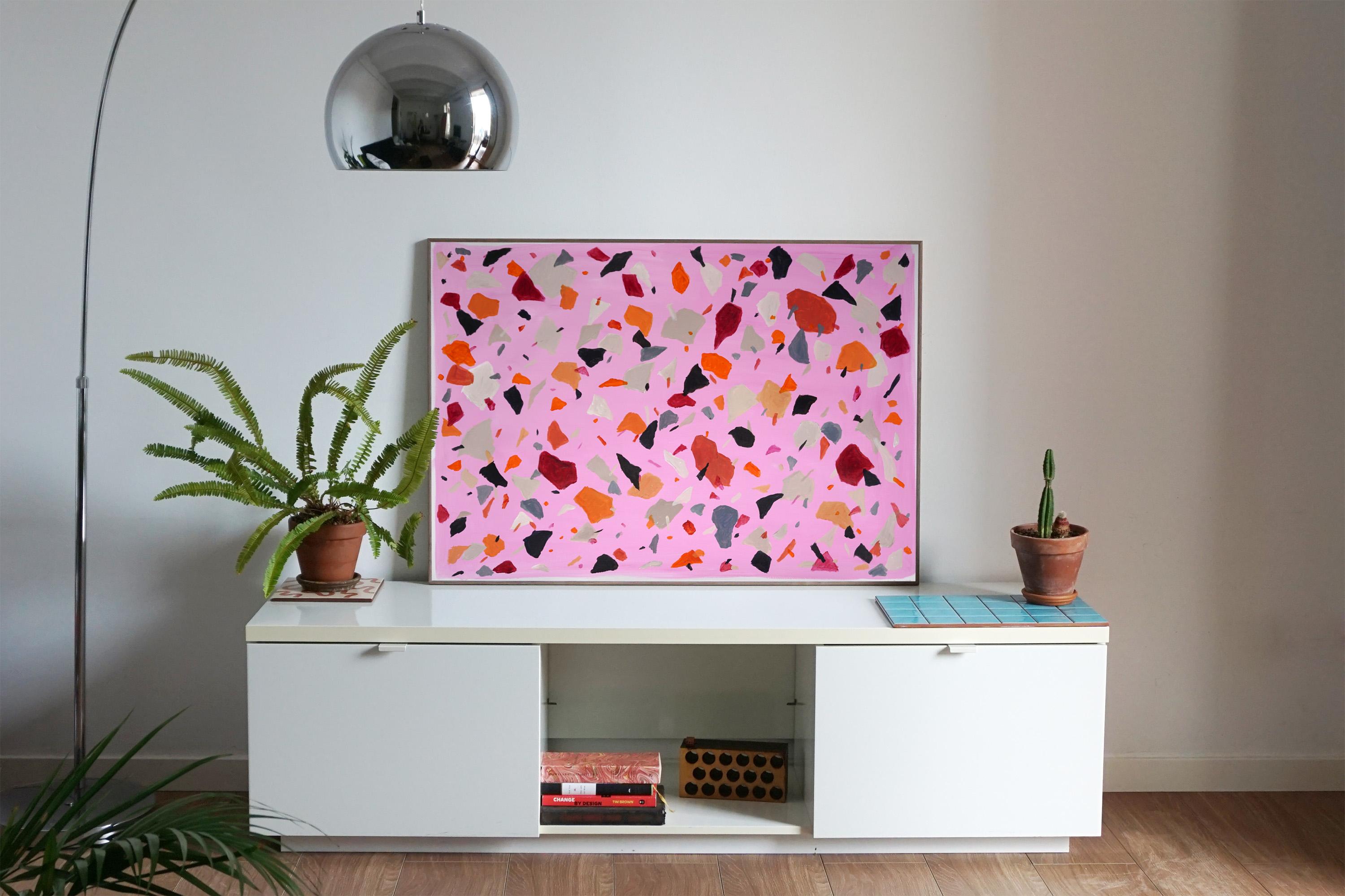 Pink Terrazzo Explosion, Vivid Tones Abstract Floating Shapes, Watercolor Paper - Abstract Impressionist Painting by Natalia Roman