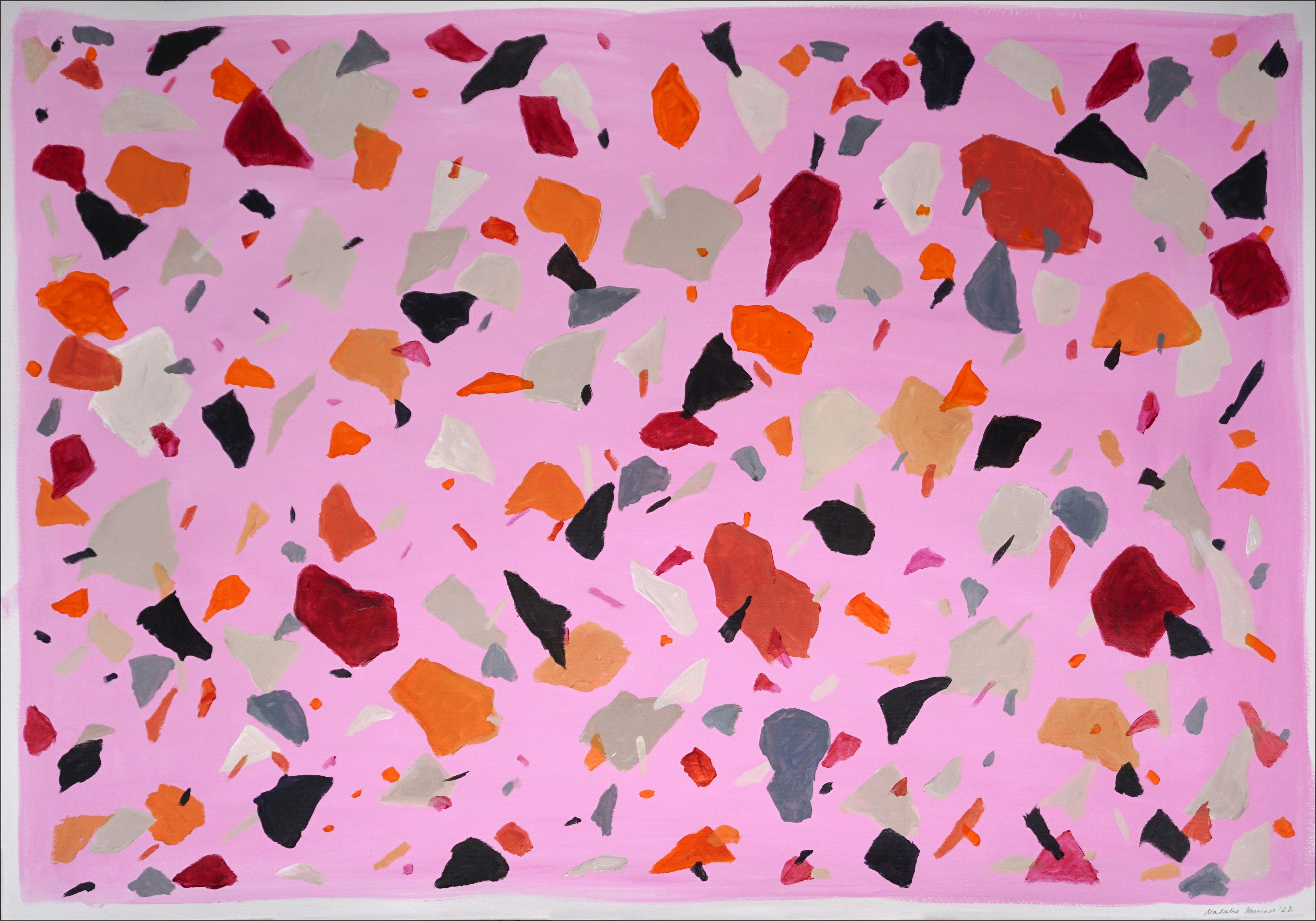 Pink Terrazzo Explosion, Vivid Tones Abstract Floating Shapes, Watercolor Paper