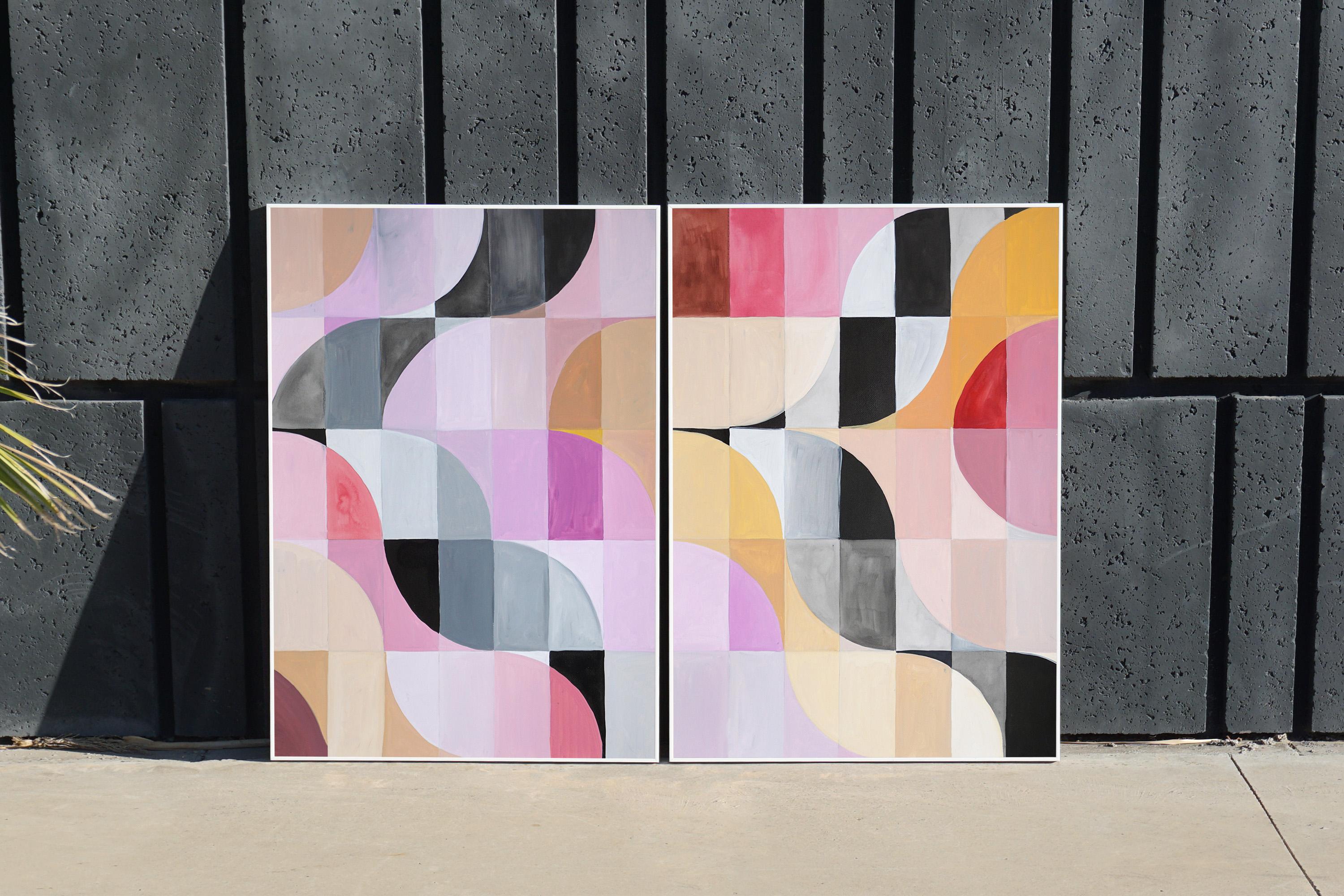 Pink Twilight Diptych of Bauhaus Mosaic, Geometric Landscape Grid, Black Tiles - Painting by Natalia Roman