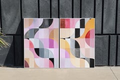 Pink Twilight Diptych of Bauhaus Mosaic, Geometric Landscape Grid, Black Tiles