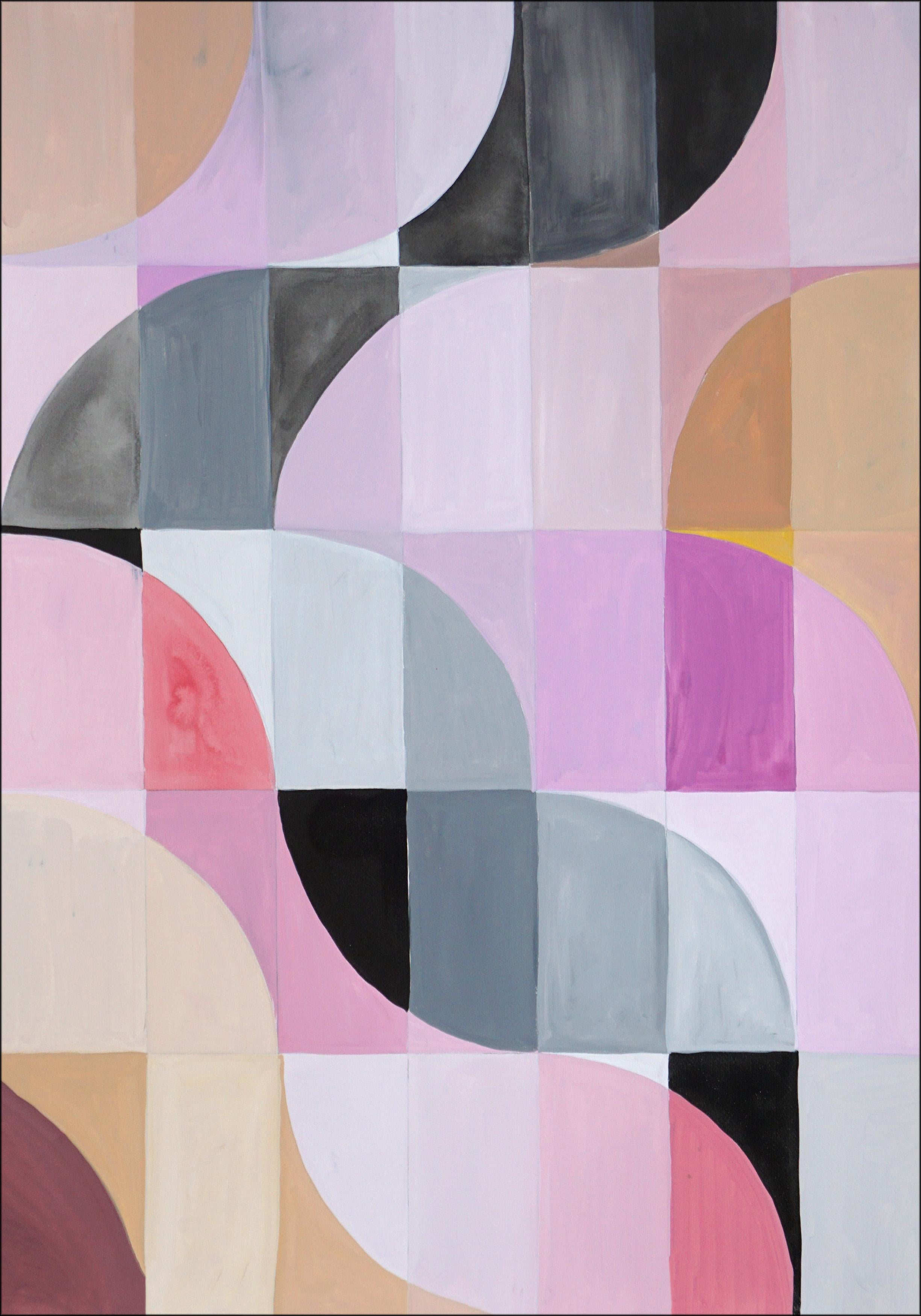 Pink Twilight Diptych of Bauhaus Mosaic, Geometric Landscape Grid, Black Tiles For Sale 1