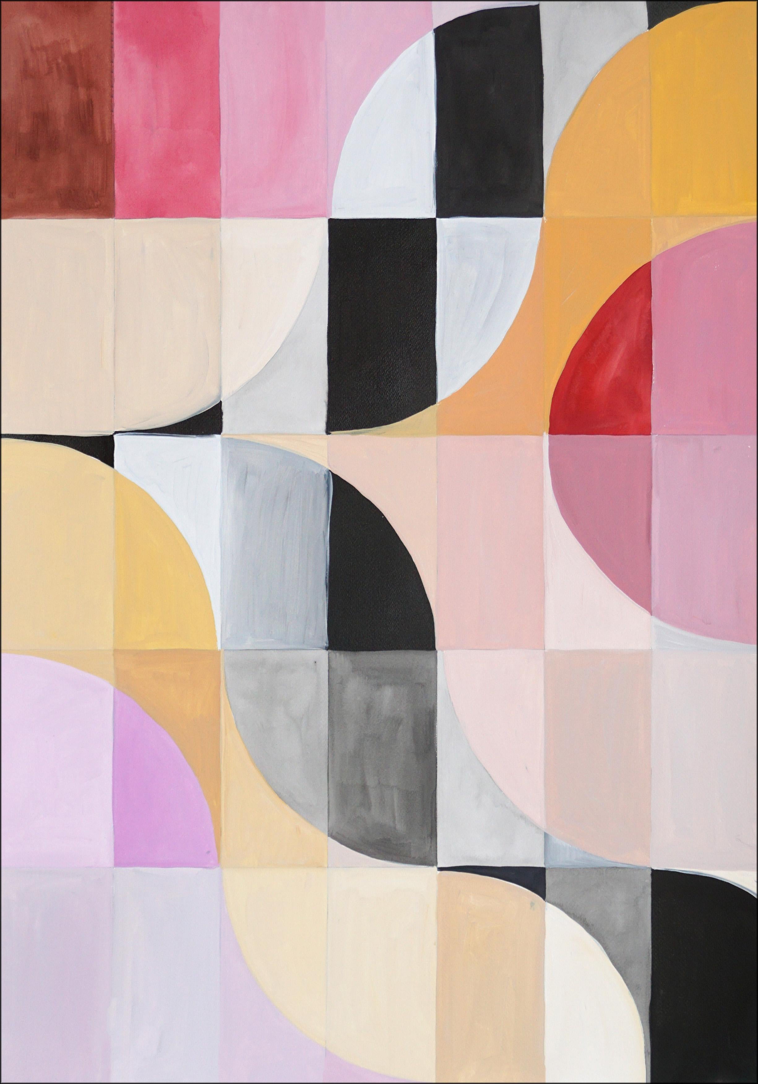 Pink Twilight Diptych of Bauhaus Mosaic, Geometric Landscape Grid, Black Tiles For Sale 2