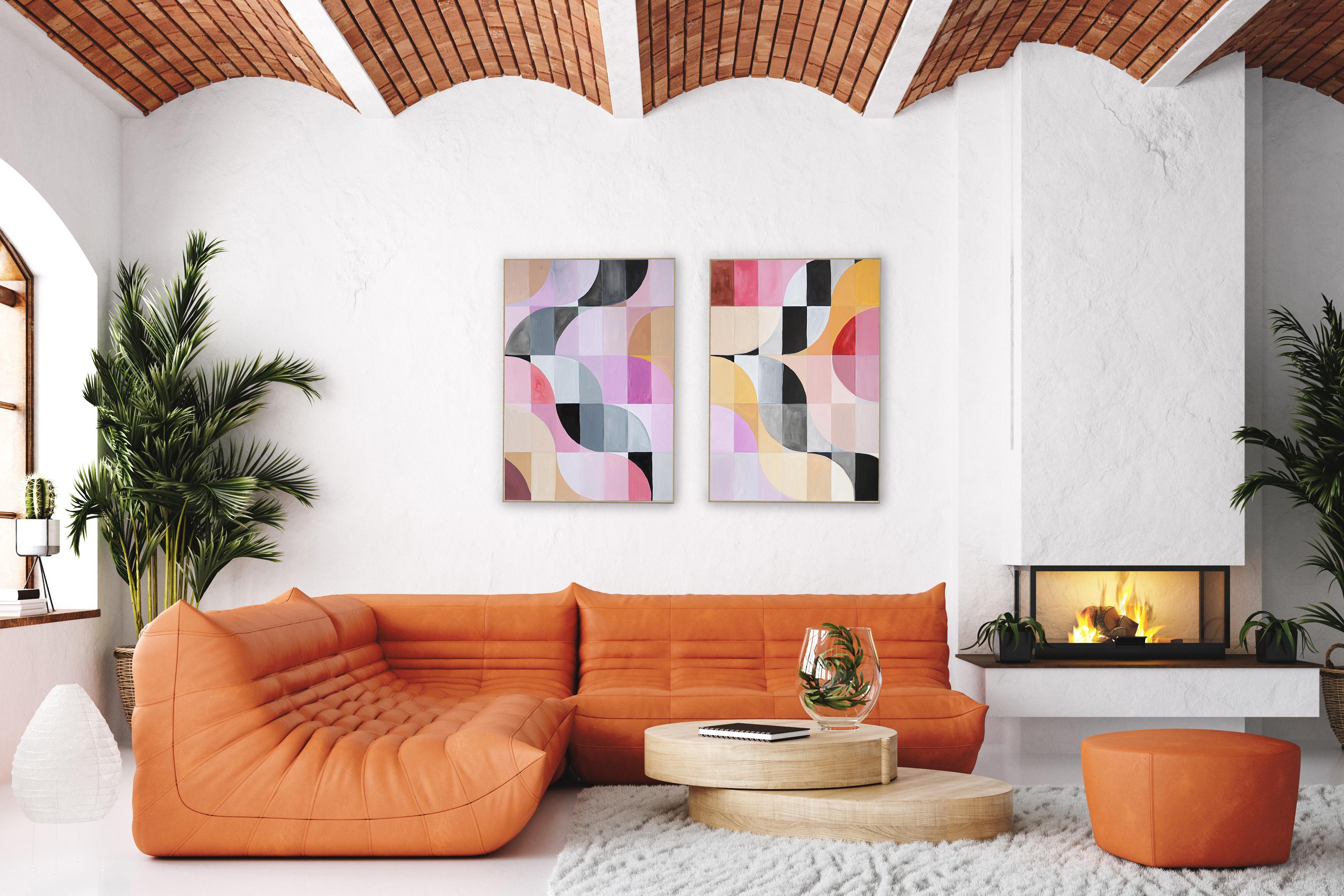 Pink Twilight Diptych of Bauhaus Mosaic, Geometric Landscape Grid, Black Tiles For Sale 3