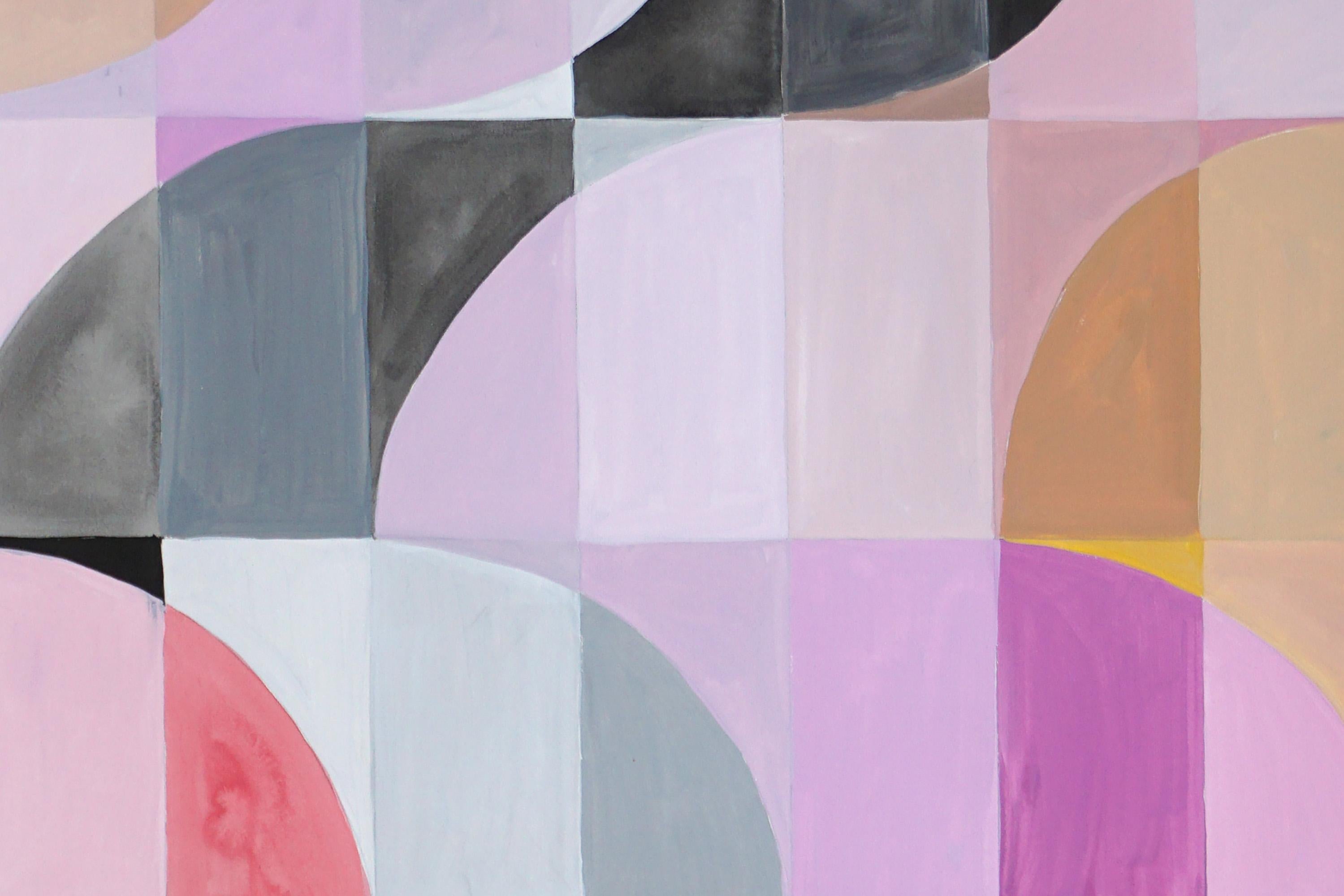 Pink Twilight Diptych of Bauhaus Mosaic, Geometric Landscape Grid, Black Tiles For Sale 4