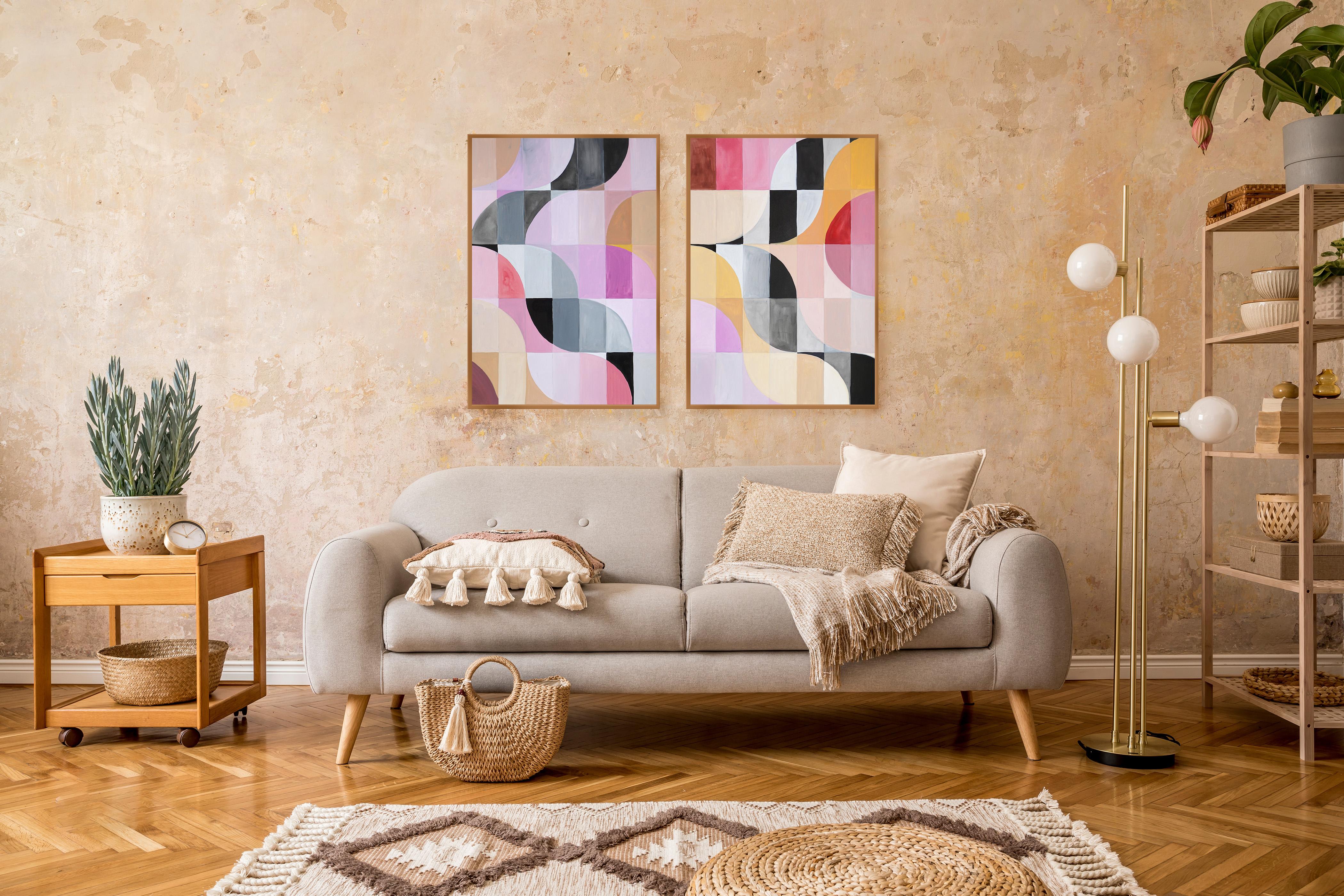 Pink Twilight Diptych of Bauhaus Mosaic, Geometric Landscape Grid, Black Tiles For Sale 5
