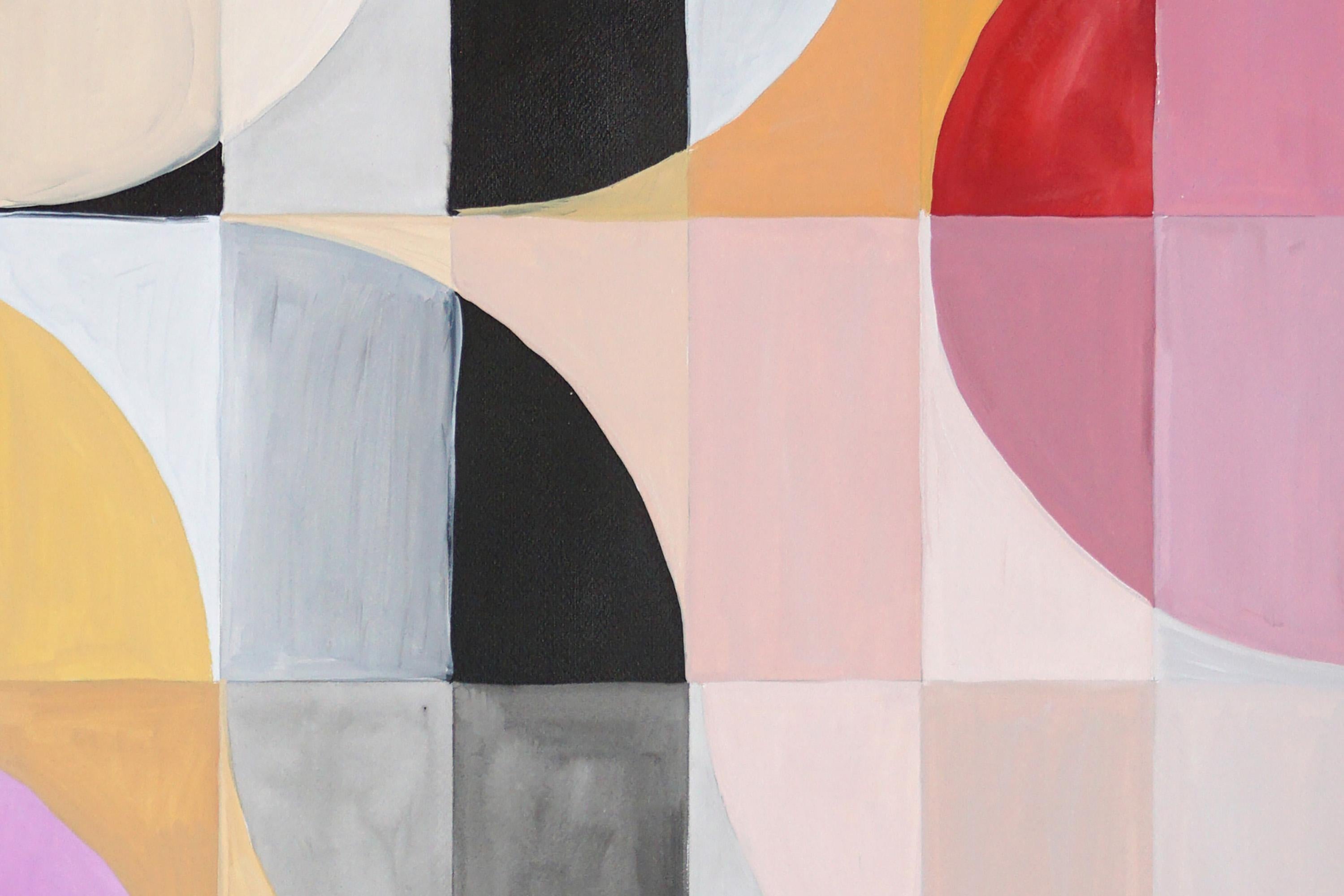 Pink Twilight Diptych of Bauhaus Mosaic, Geometric Landscape Grid, Black Tiles For Sale 6