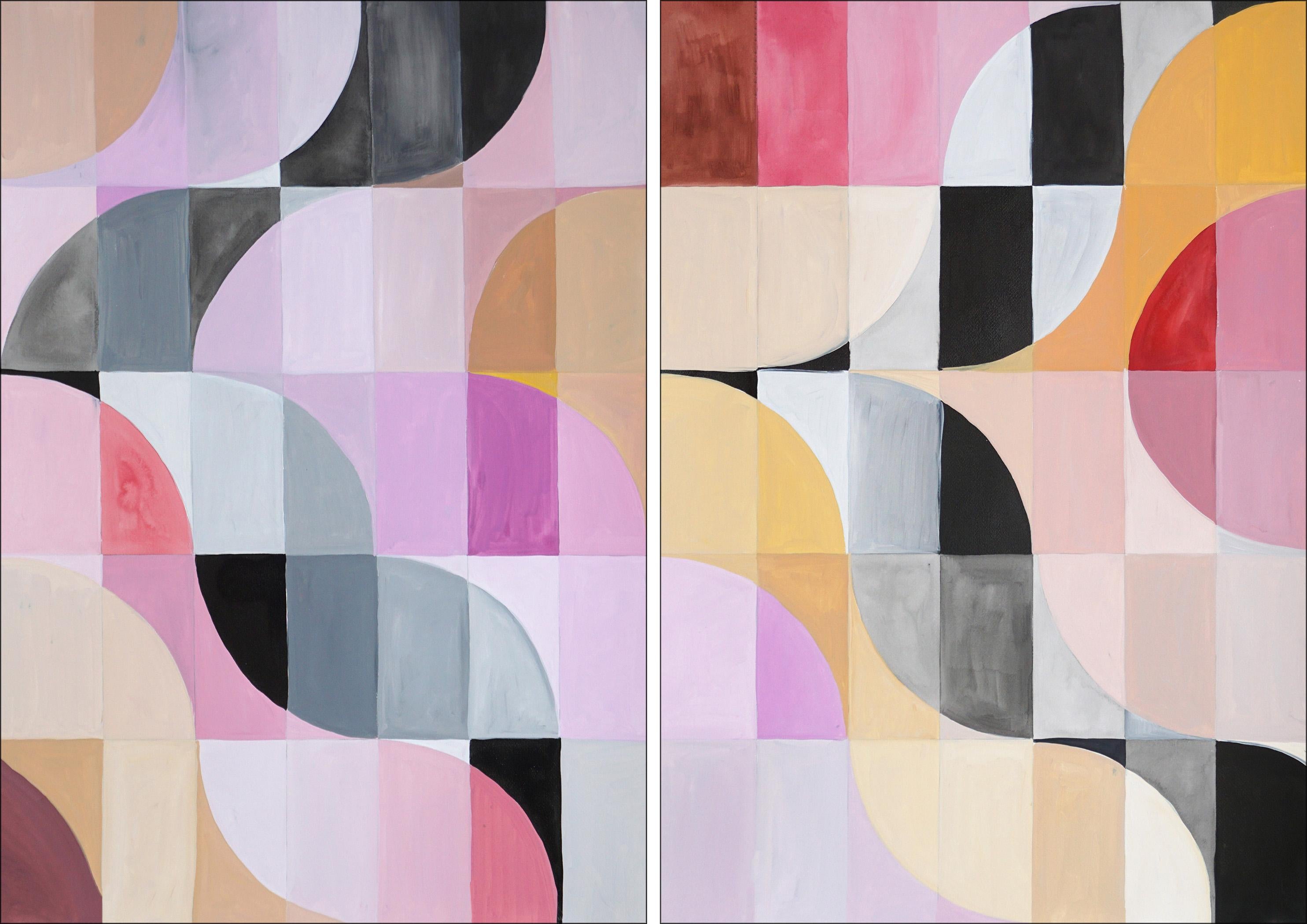 Natalia Roman Abstract Painting - Pink Twilight Diptych of Bauhaus Mosaic, Geometric Landscape Grid, Black Tiles