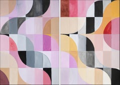 Pink Twilight Diptych of Bauhaus Mosaic, Geometric Landscape Grid, Black Tiles