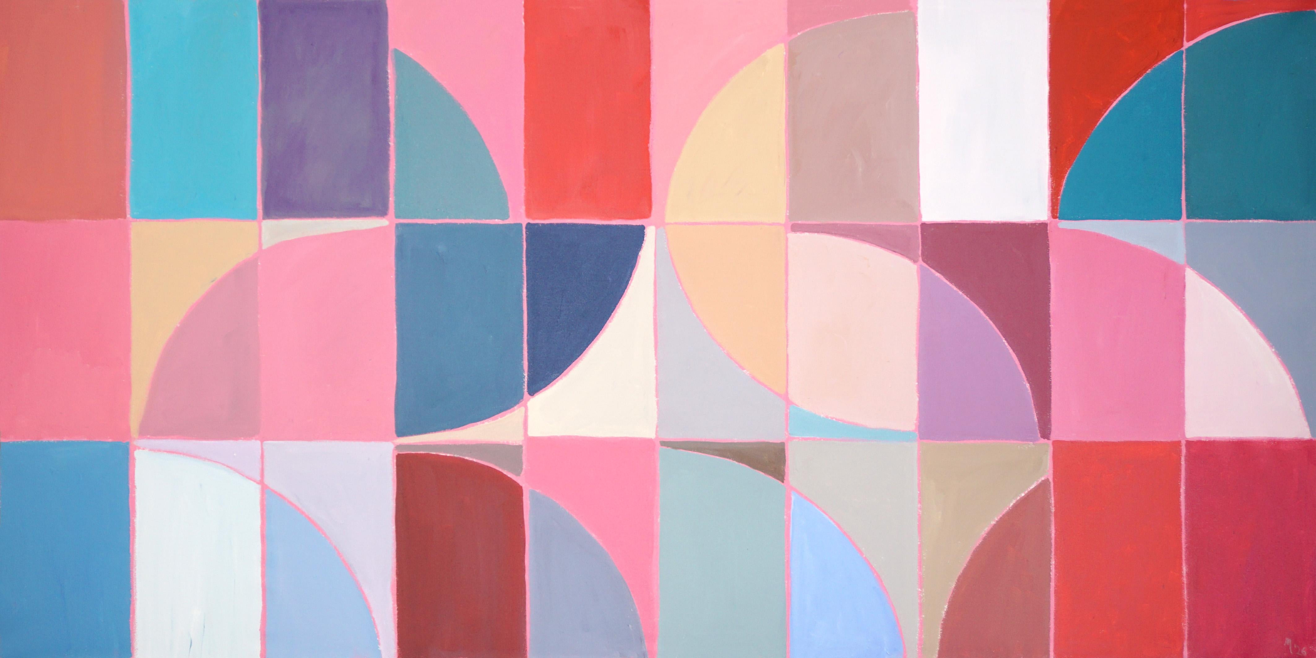 Pink Visual Tempo, Bauhaus Painting, Geometric Grid, Horizontal Arches Sequence