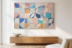 Plucking Petals, Large Bauhaus Painting, Blue Geometric Flowers Mosaic on Canvas