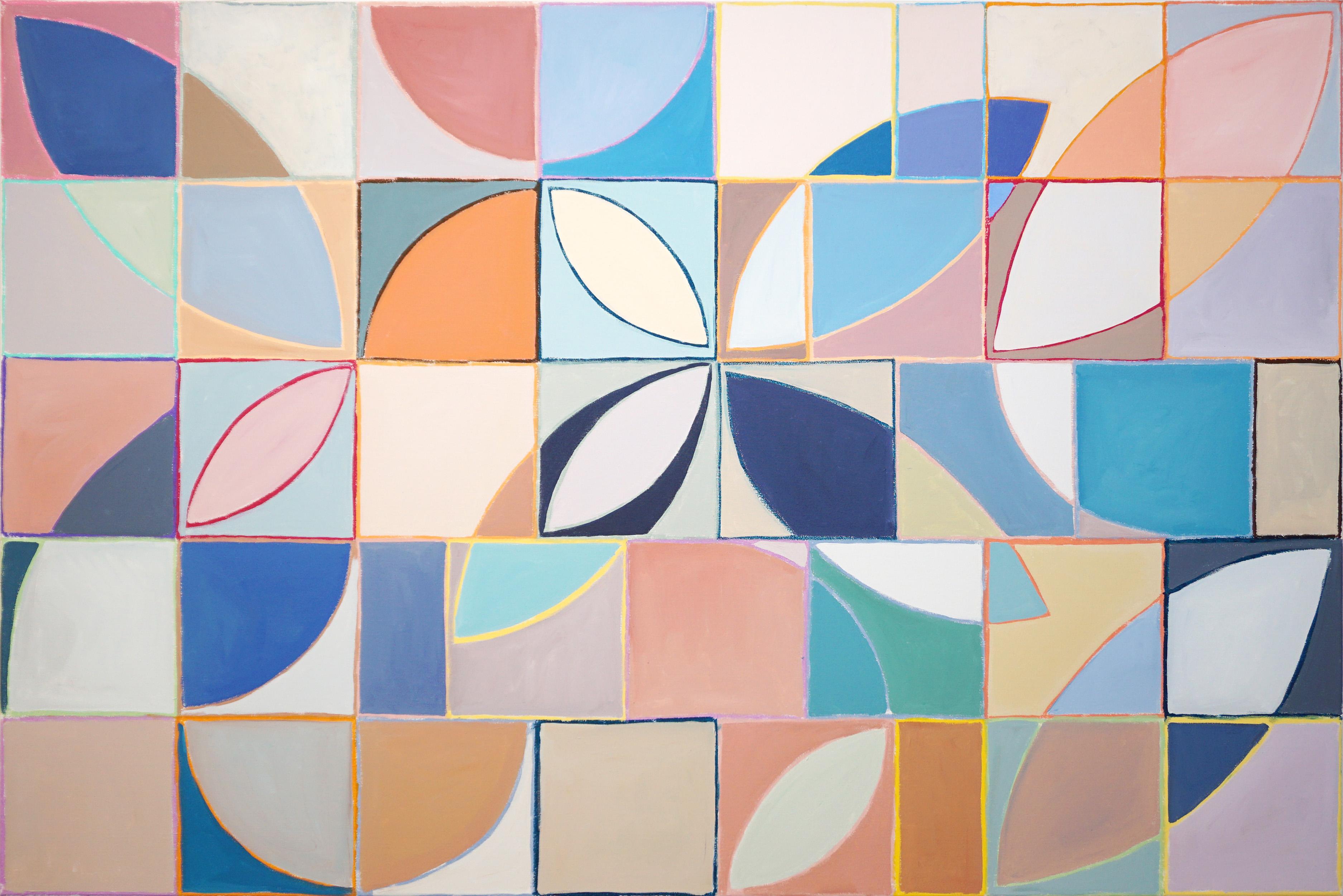 Plucking Petals, Large Bauhaus Painting, Blue Geometric Flowers Mosaic on Canvas