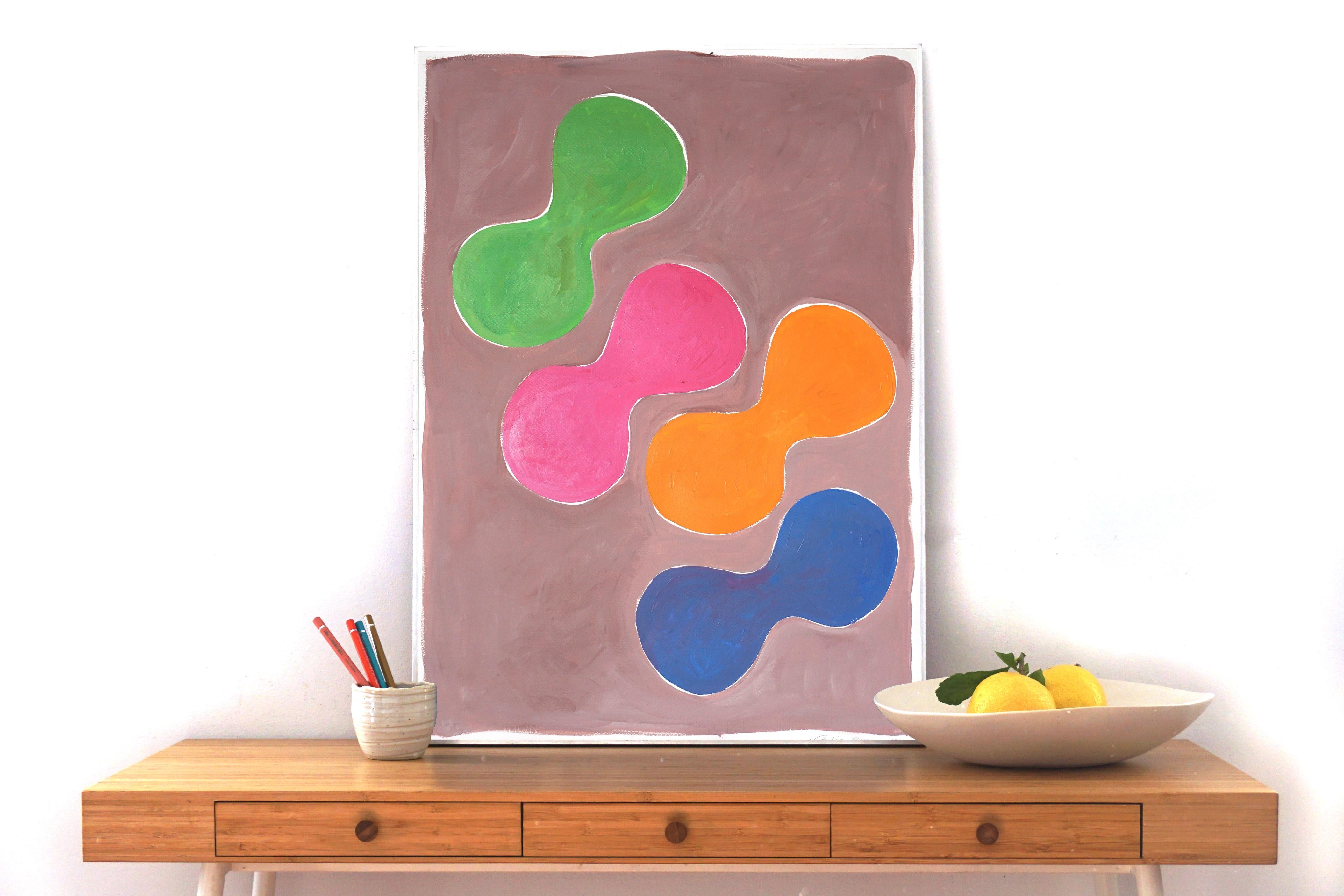 Pools of Colors I, Abstract Sixties Shapes in Green, Pink and Yellow, Organic - Painting by Natalia Roman